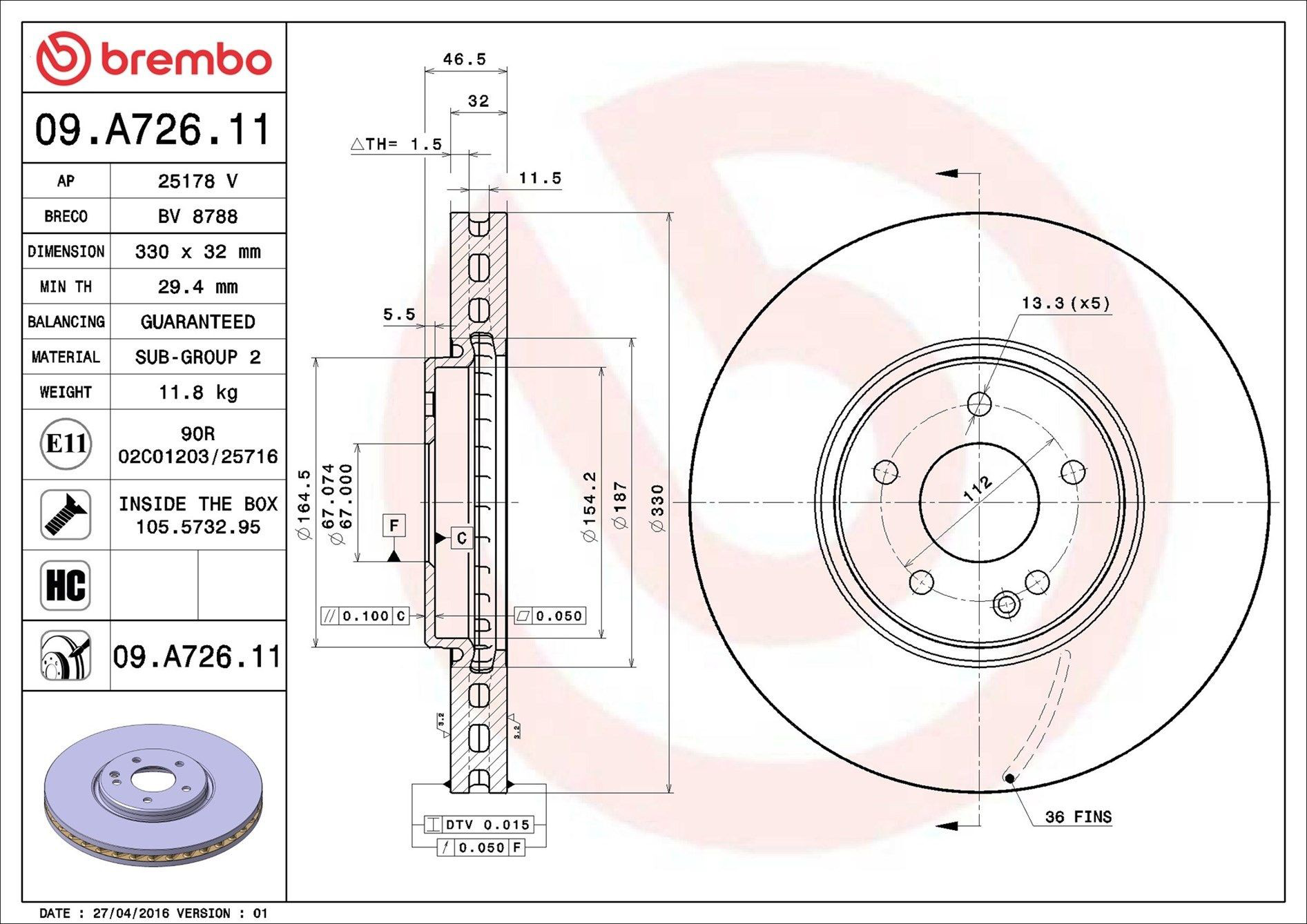 Купити 09A72611 Brembo Ротор гальмівний