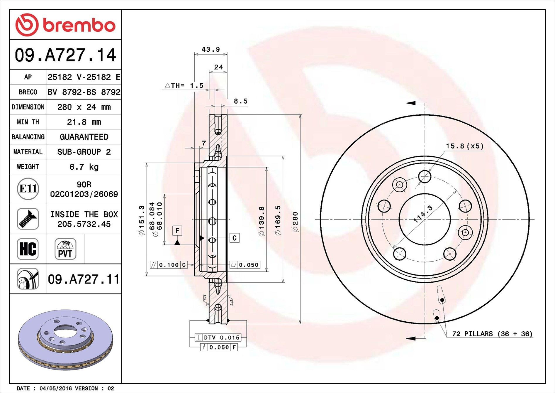 Диск переднього гальма Brembo 09A72711 ціна, від 52.05 USD
