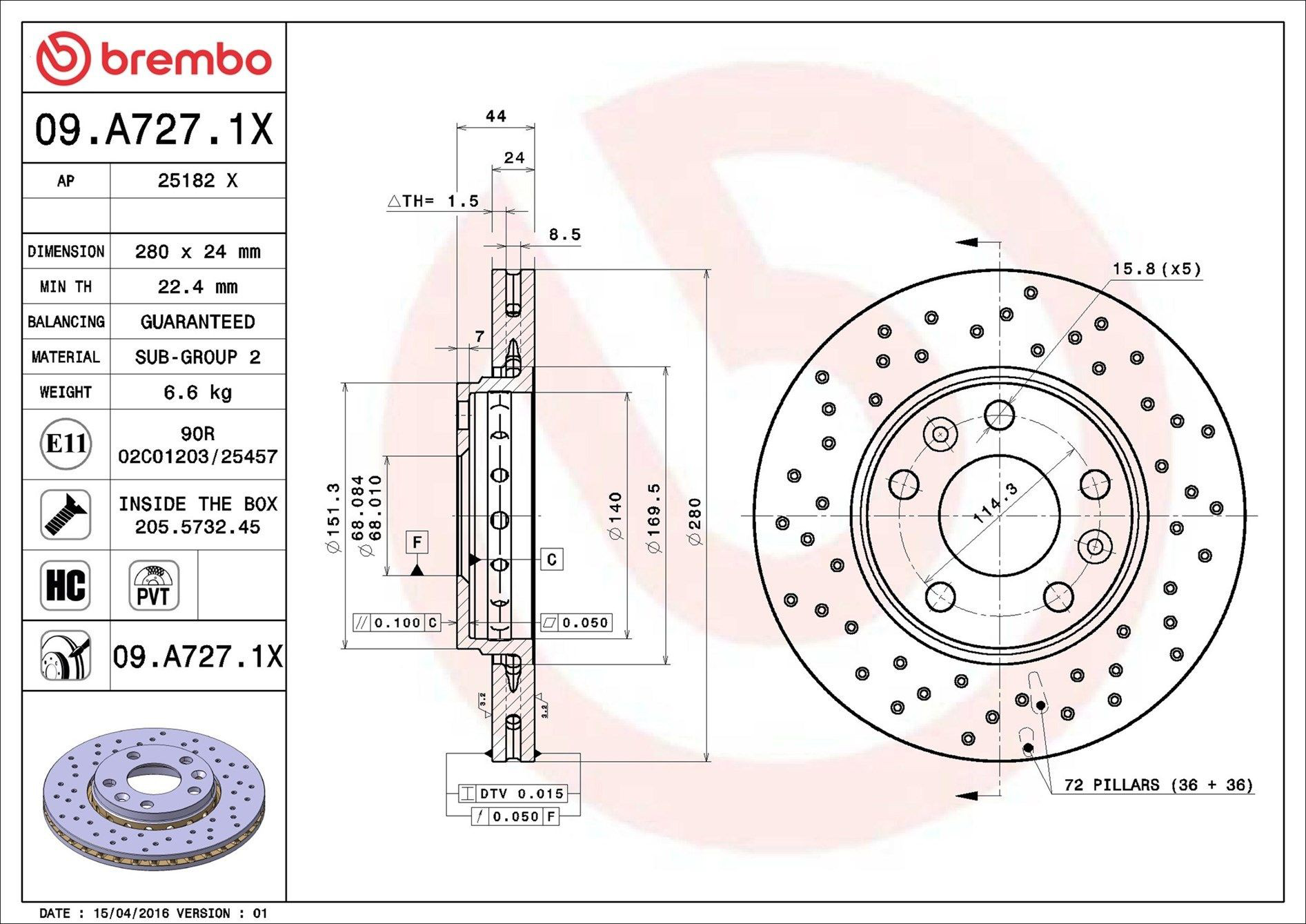 Диск переднього гальма Brembo 09A7271X ціна, від 50.14 USD