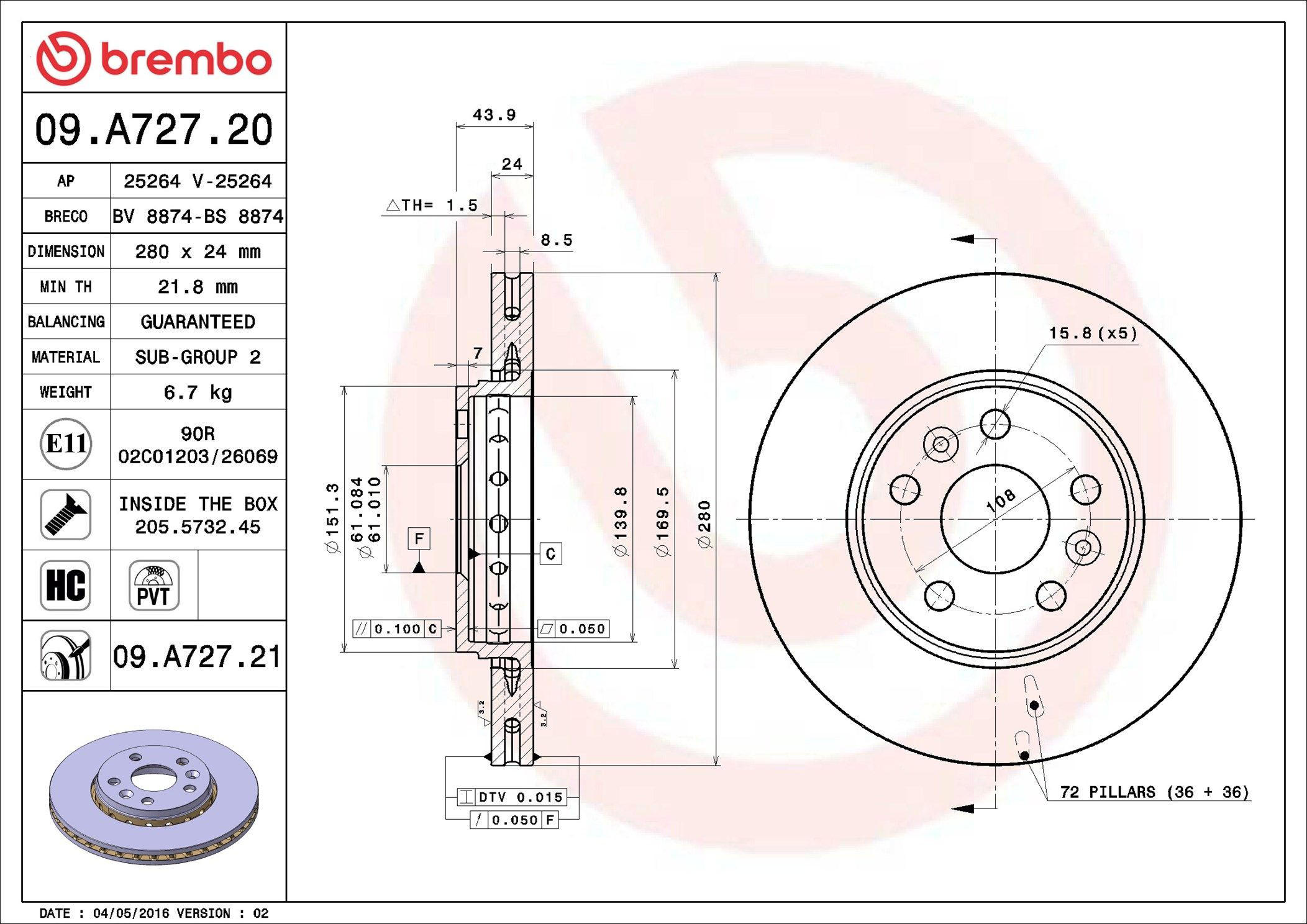 Диск гальмівний передній Brembo 09A72721