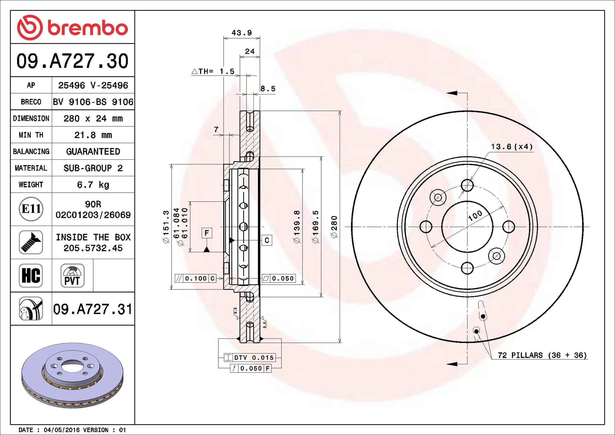 Диск переднього гальма Brembo 09A72731 ціна, від 59.51 USD