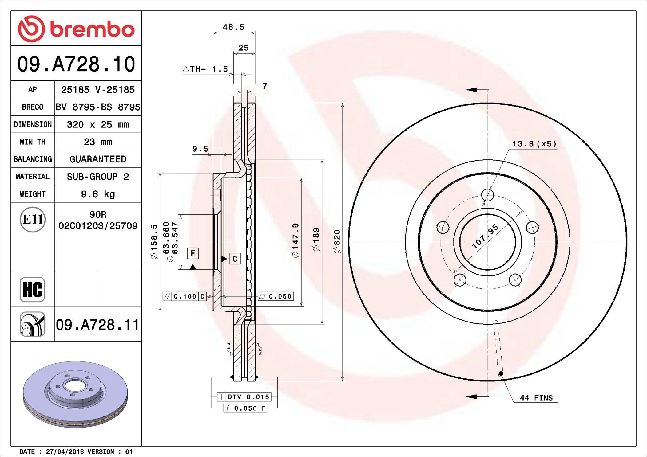 Диск переднього гальма Brembo 09A72811 ціна, від 63.24 USD