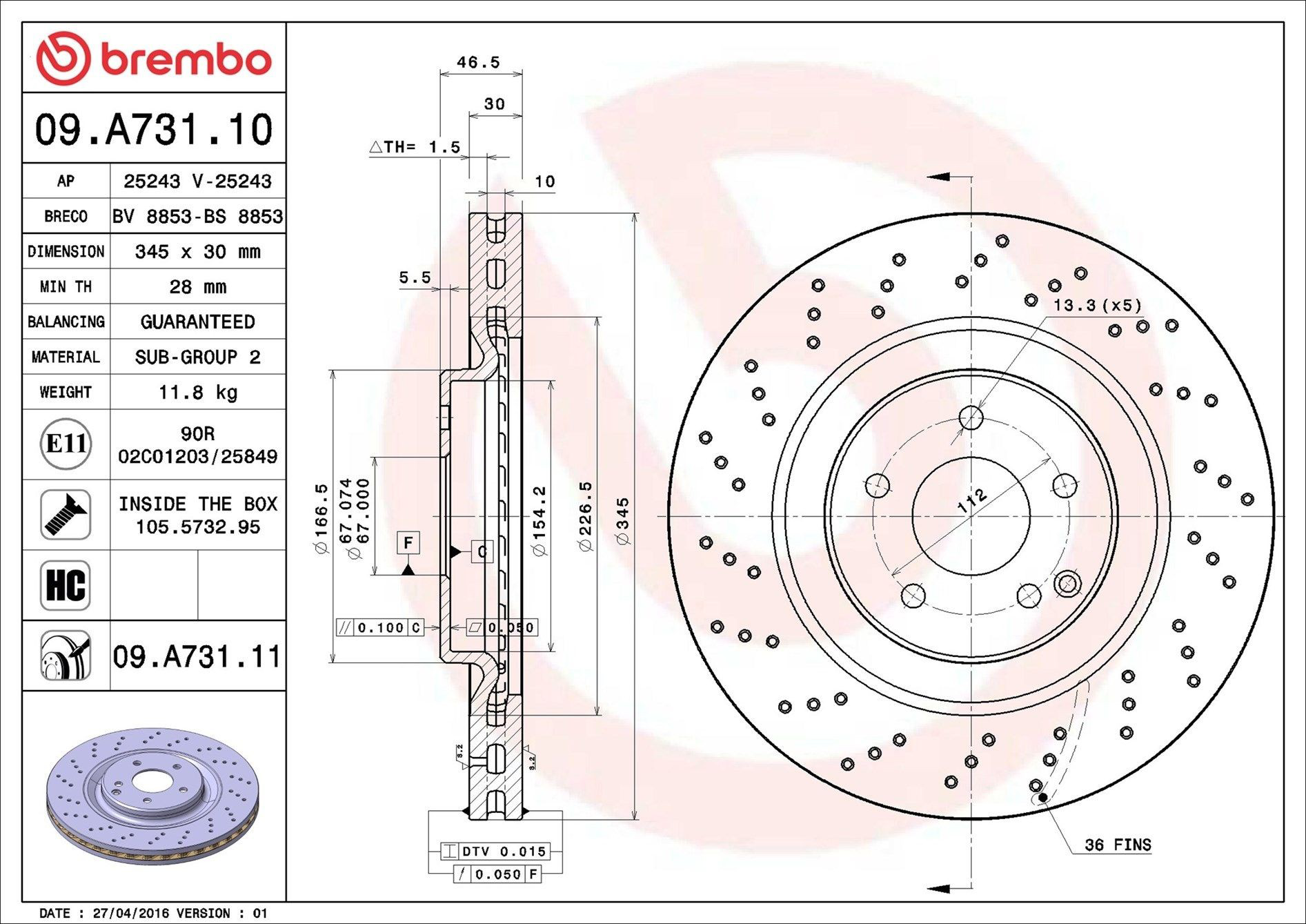 Купити 09A73111 Brembo Ротор гальмівний