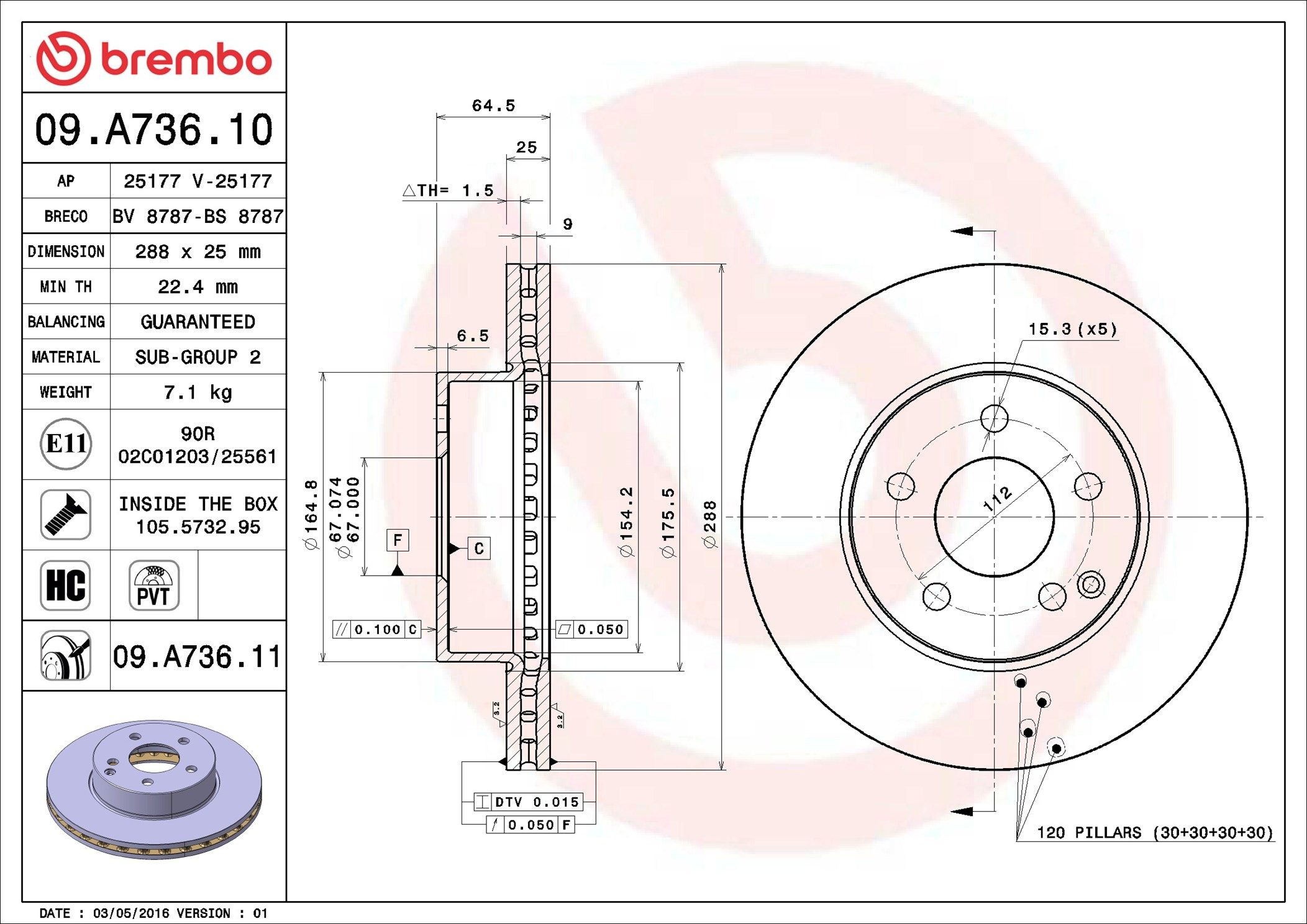 Диск переднього гальма Brembo 09A73611 ціна, від 51.26 USD