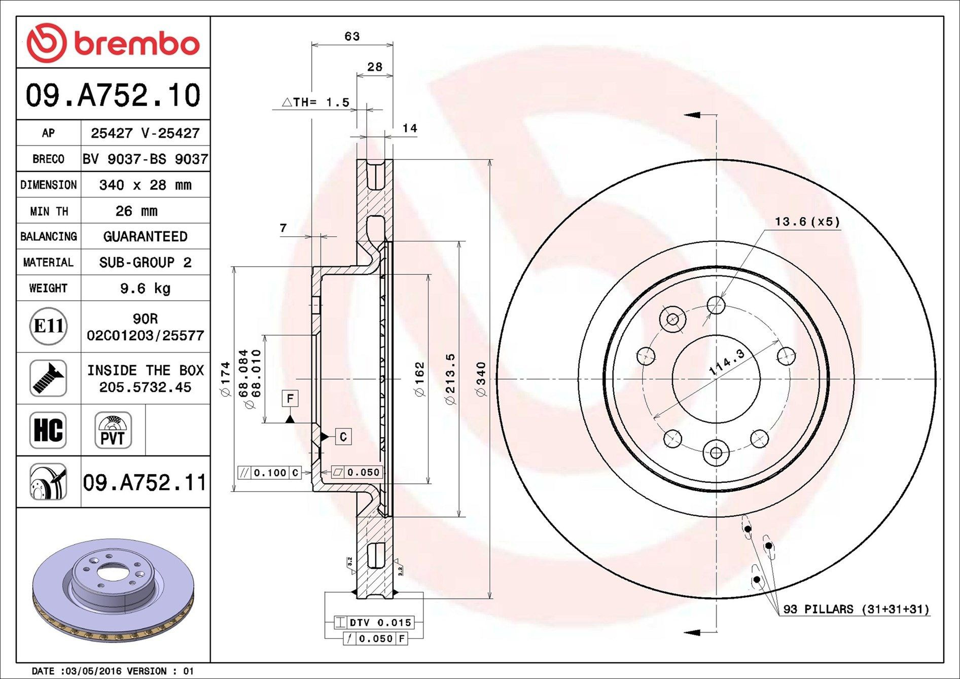 Диск переднього гальма Brembo 09A75211 ціна, від 61.92 USD