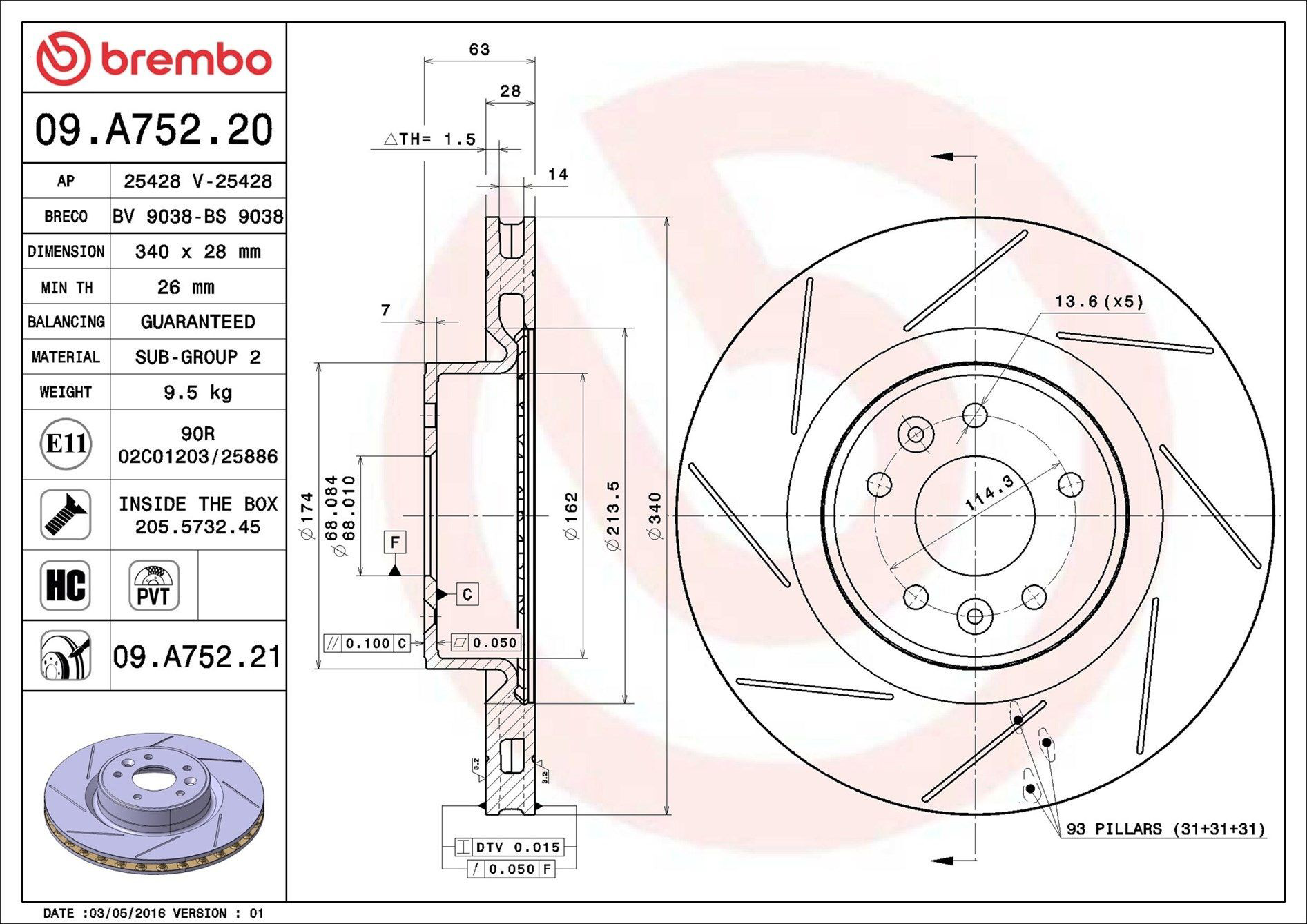Диск переднього гальма Brembo 09A75221 ціна, від 105.53 USD