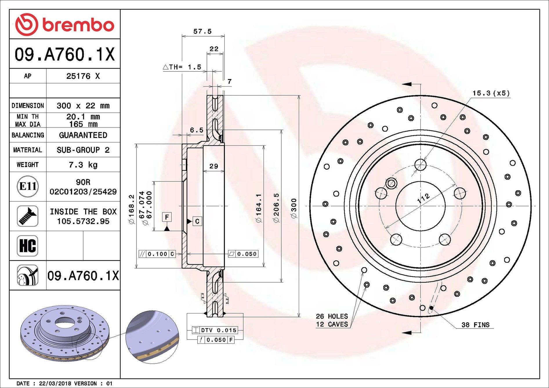 Диск гальмівний задній Brembo 09A7601X