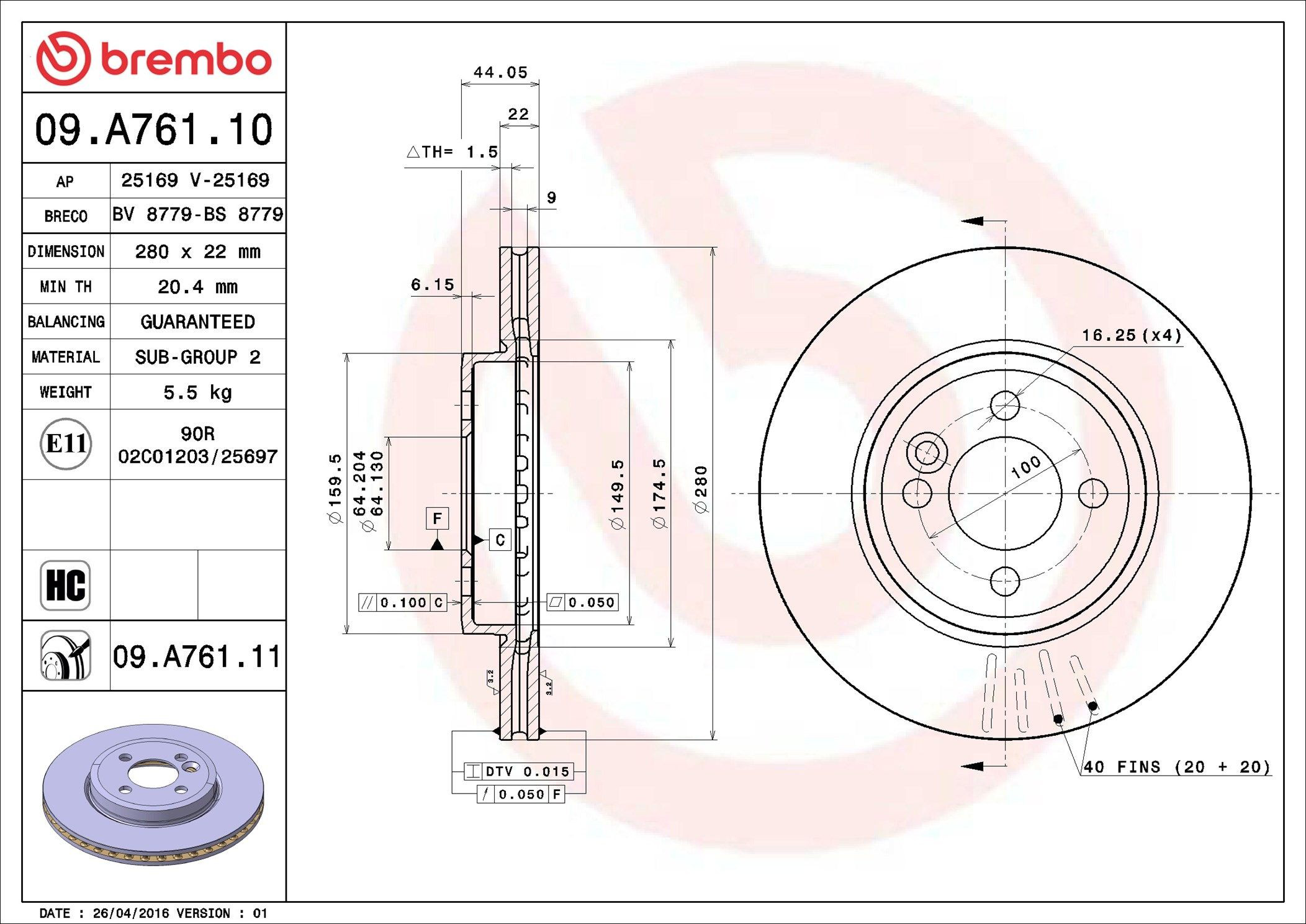 09A76111 Brembo Гальмо дискове переднє