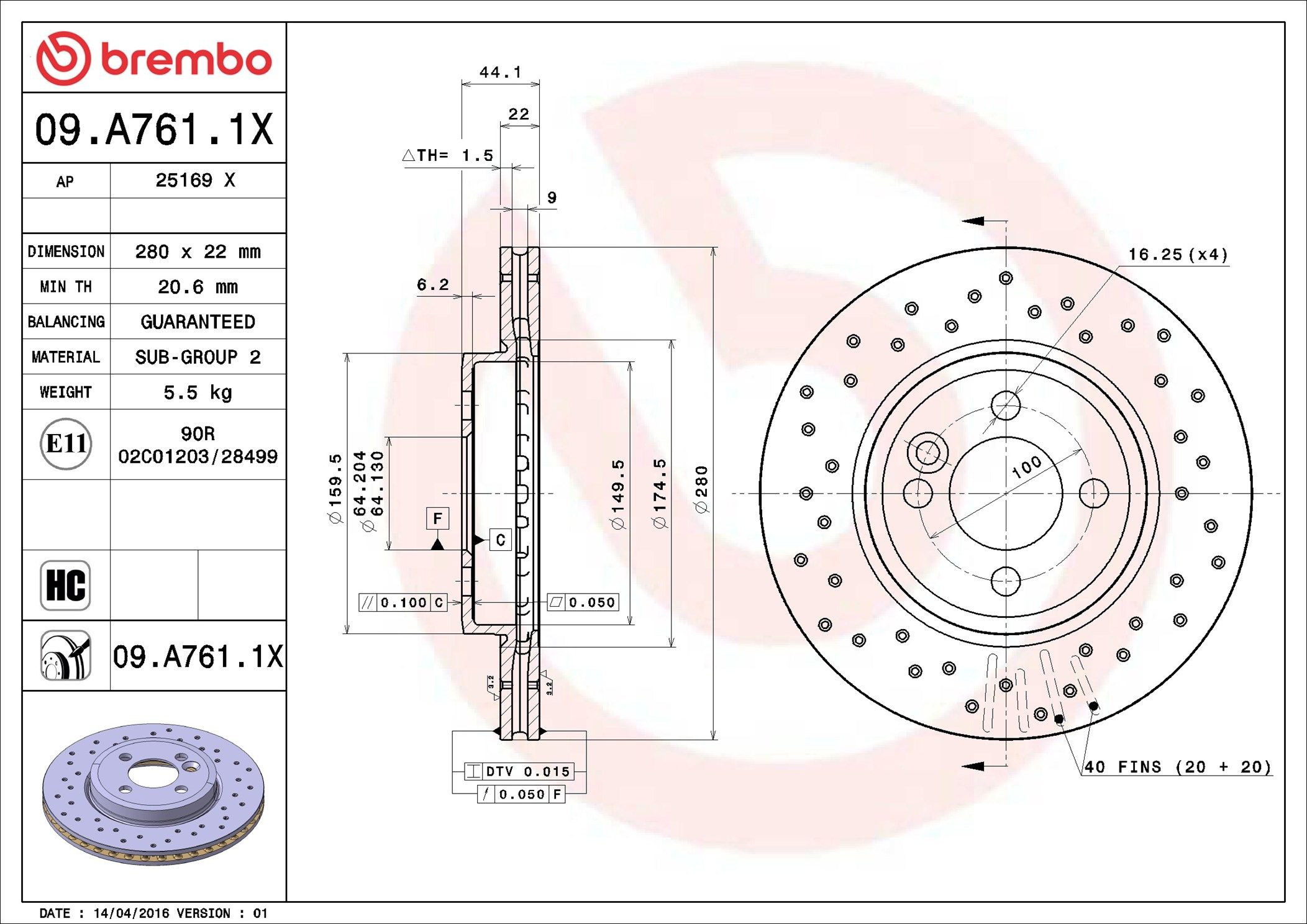 Диск гальмівний передній Brembo 09A7611X