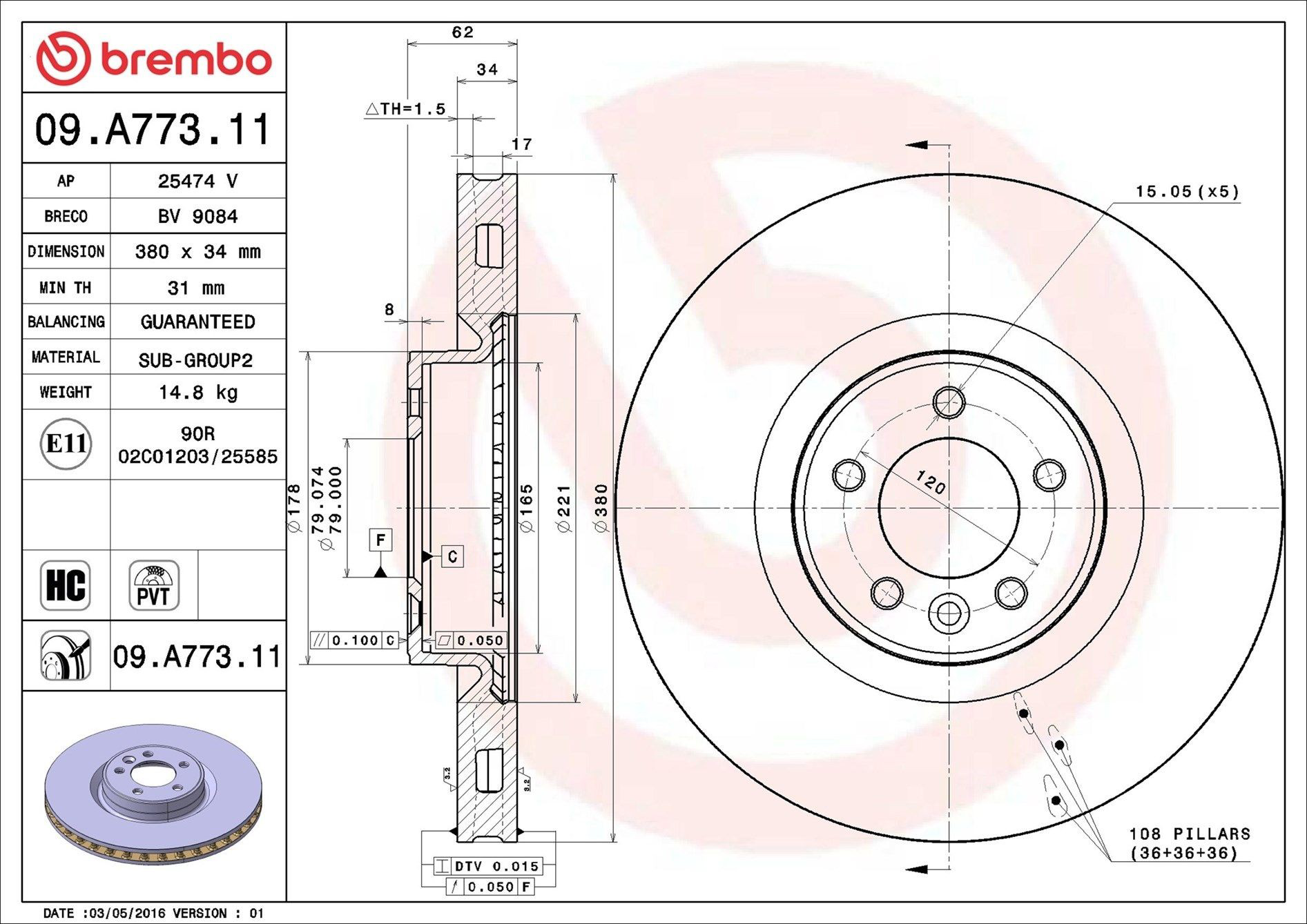 Диск переднього гальма Brembo 09A77311 ціна, від 109.55 USD