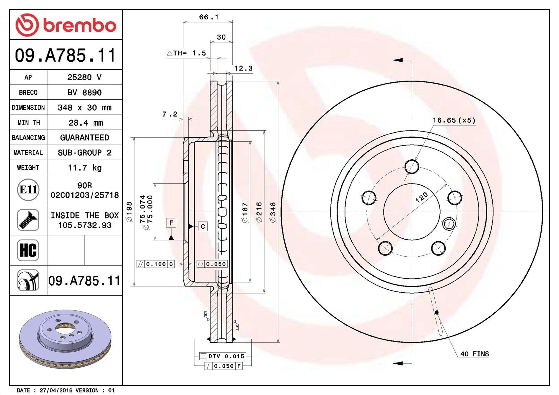 Диск переднього гальма Brembo 09A78511 ціна, від 108.57 USD