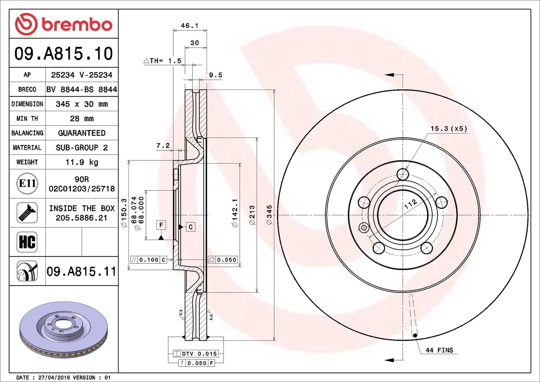 Диск переднього гальма Brembo 09A81511 ціна, від 53.14 USD
