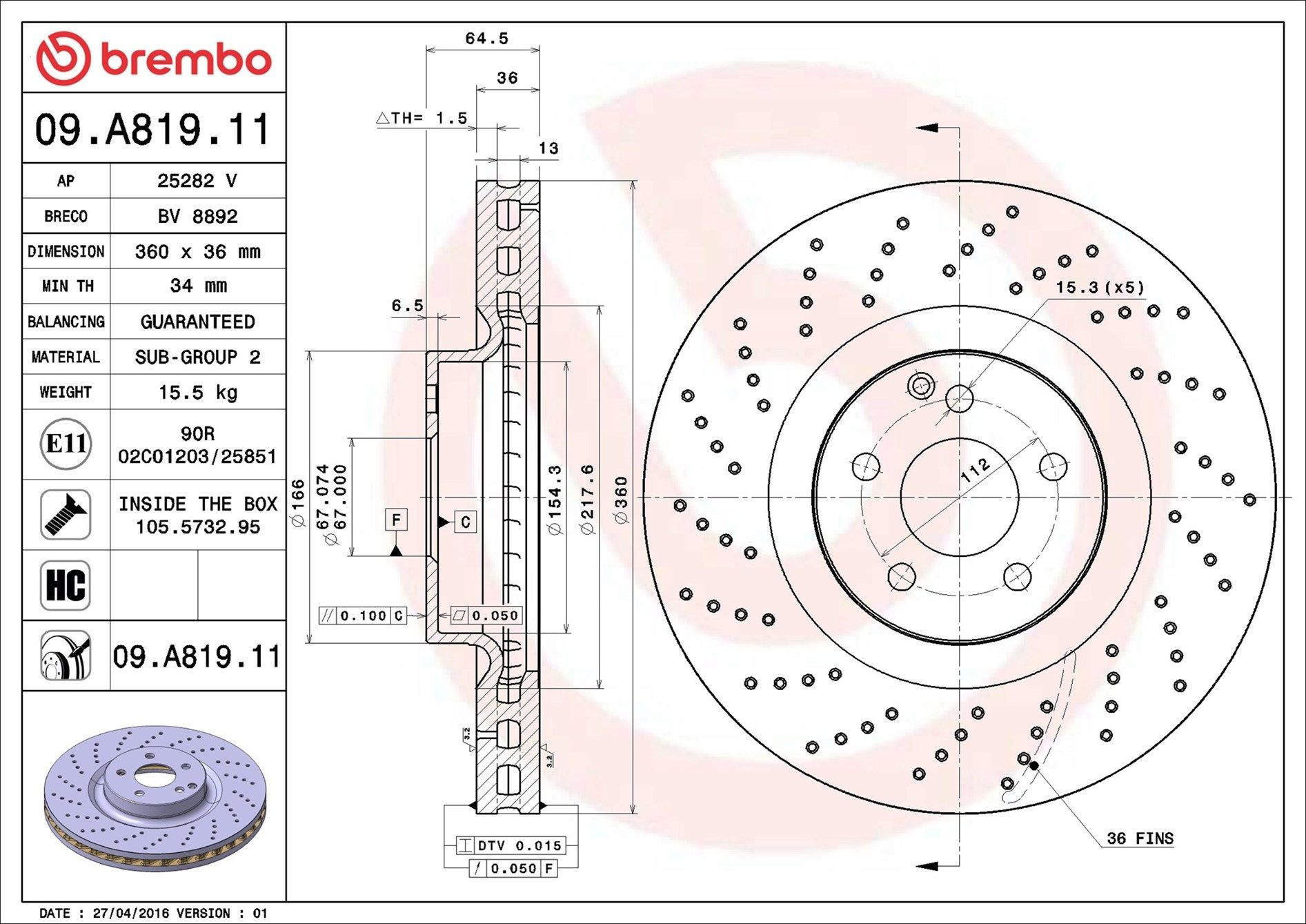 Диск переднього гальма Brembo 09A81911 ціна, від 121.64 USD