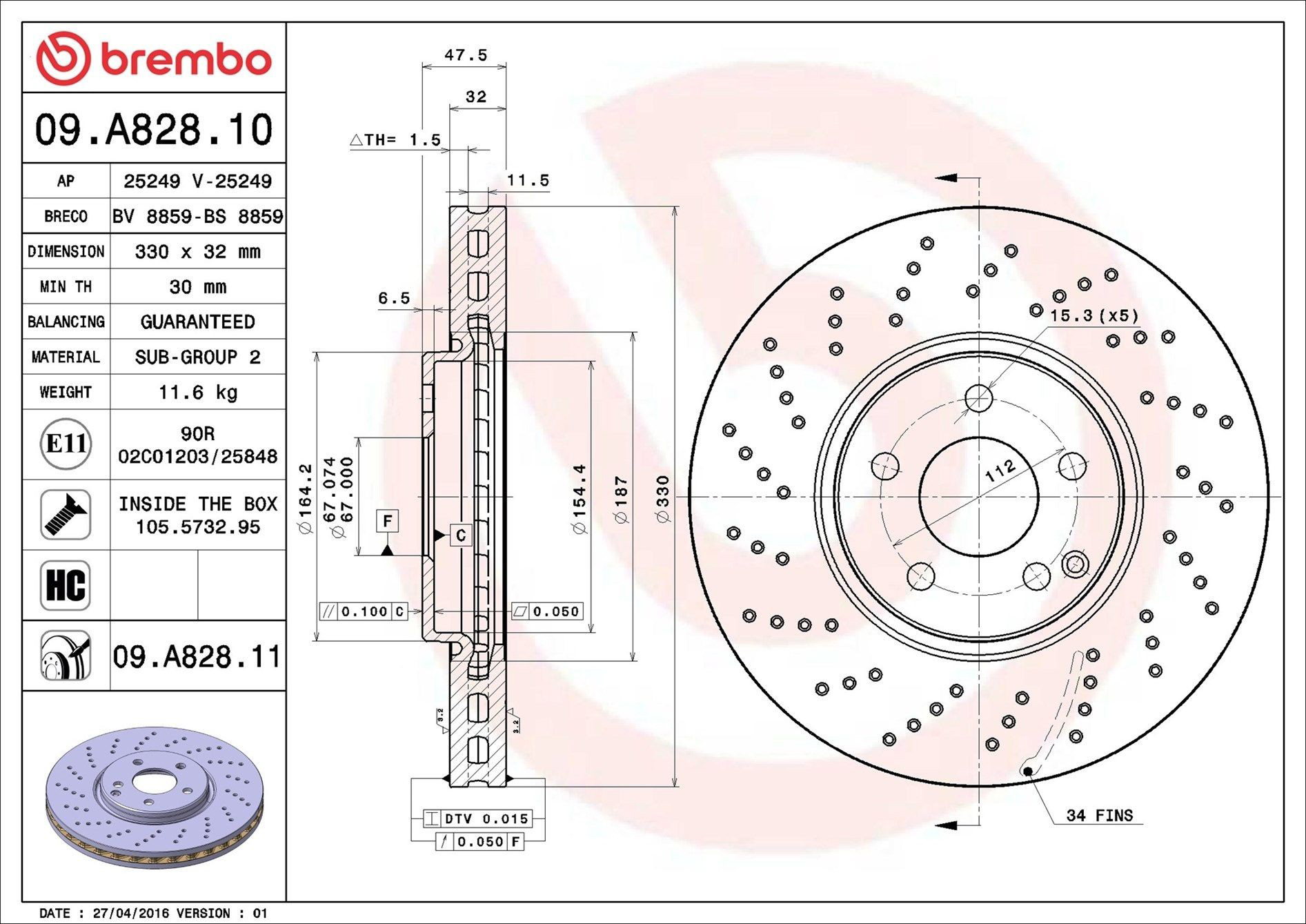 Диск переднього гальма Brembo 09A82811 ціна, від 103.77 USD
