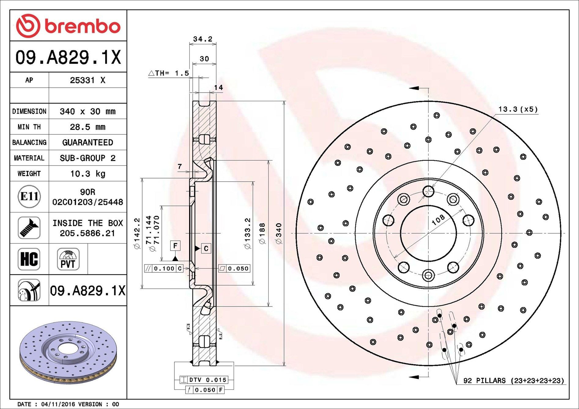 Диск переднього гальма Brembo 09A8291X ціна, від 71.34 USD