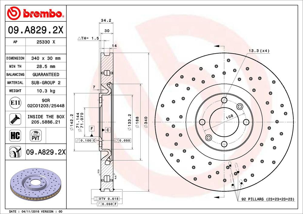 Диск гальмівний передній Brembo 09A8292X