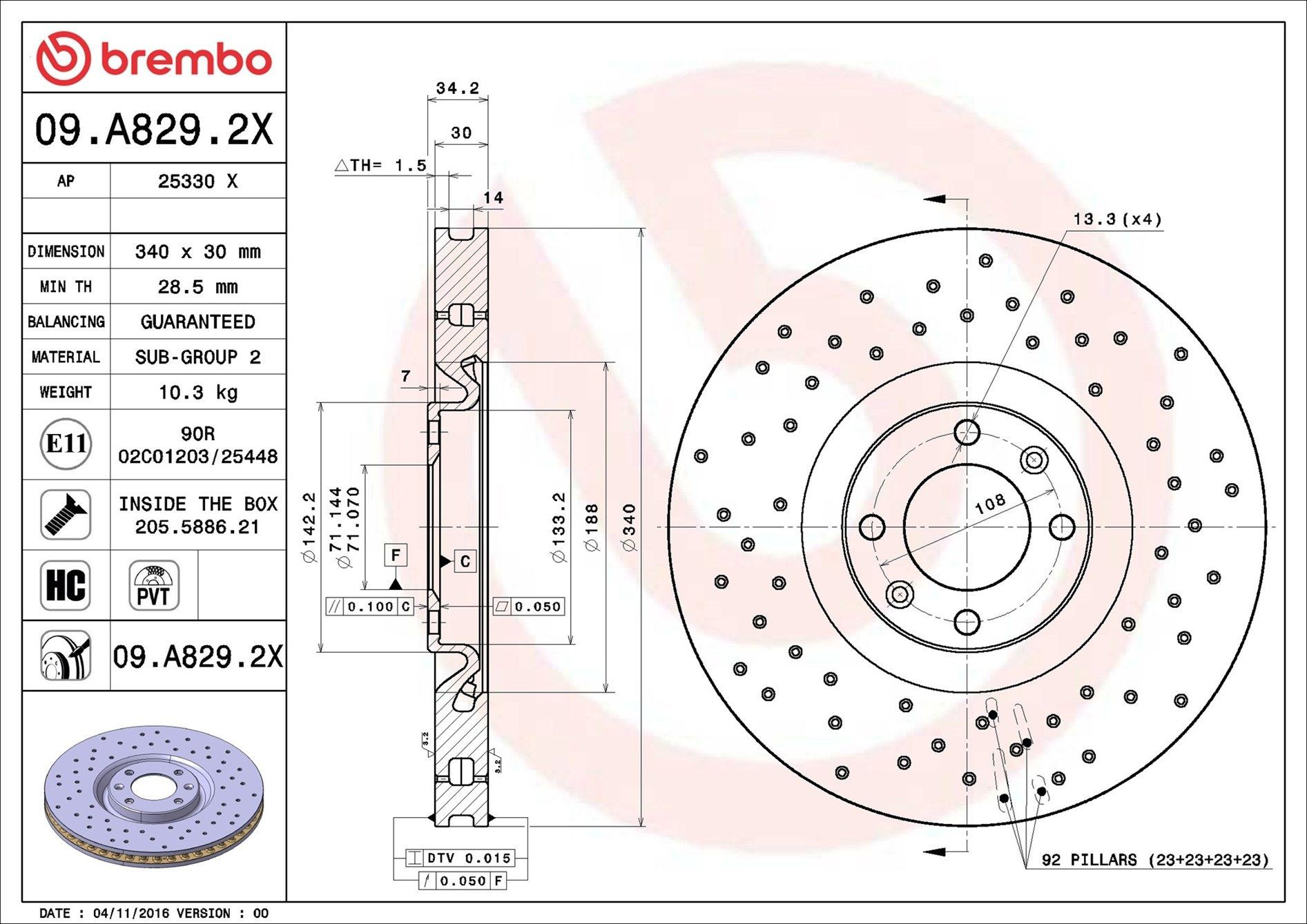 Диск переднього гальма Brembo 09A8292X ціна, від 69.64 USD