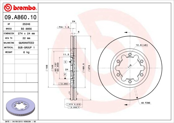 Купити 09A86010 Brembo Ротор гальмівний