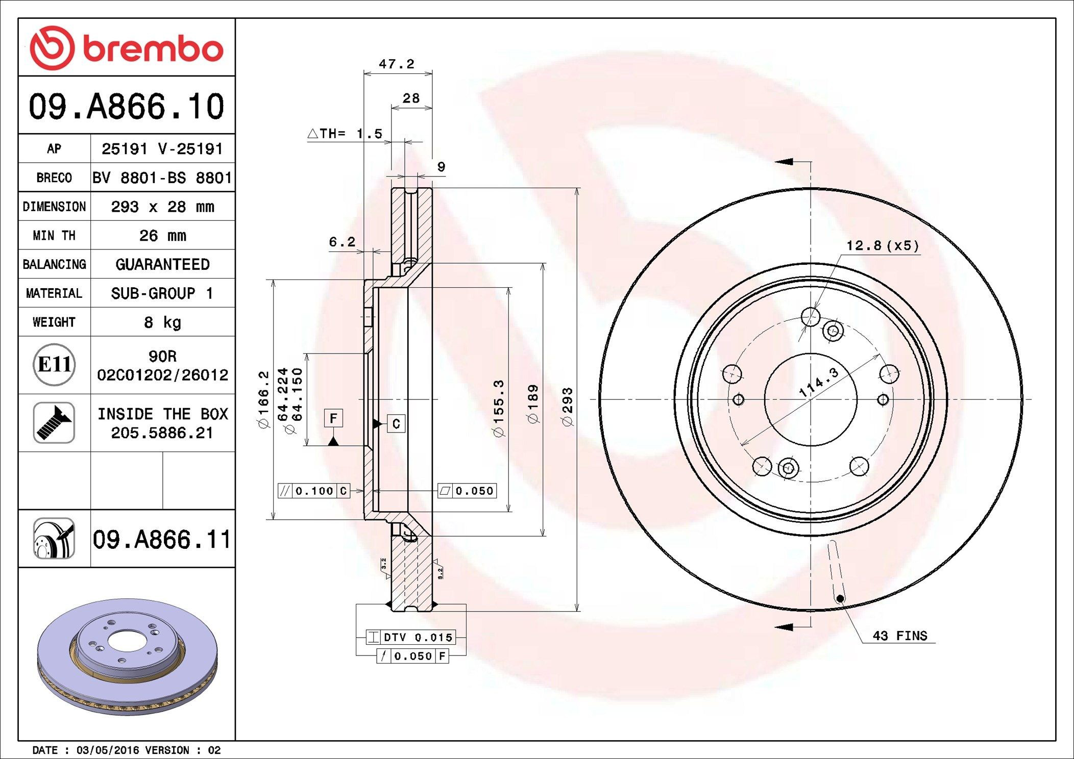 Диск переднього гальма Brembo 09A86610 ціна, від 64.19 USD