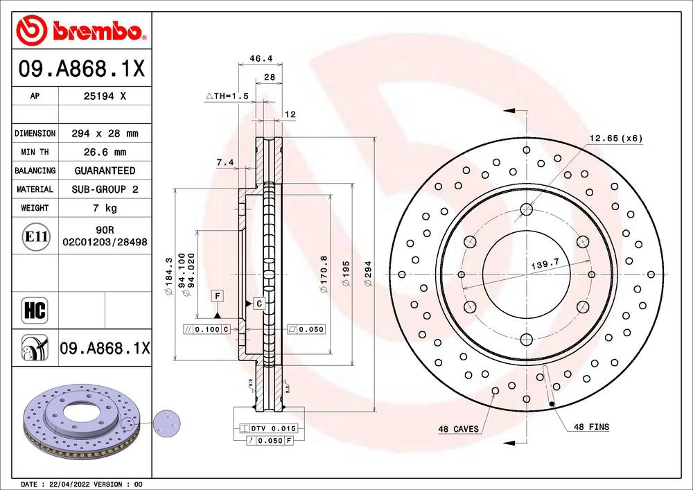 Диск гальмівний передній Brembo 09A8681X