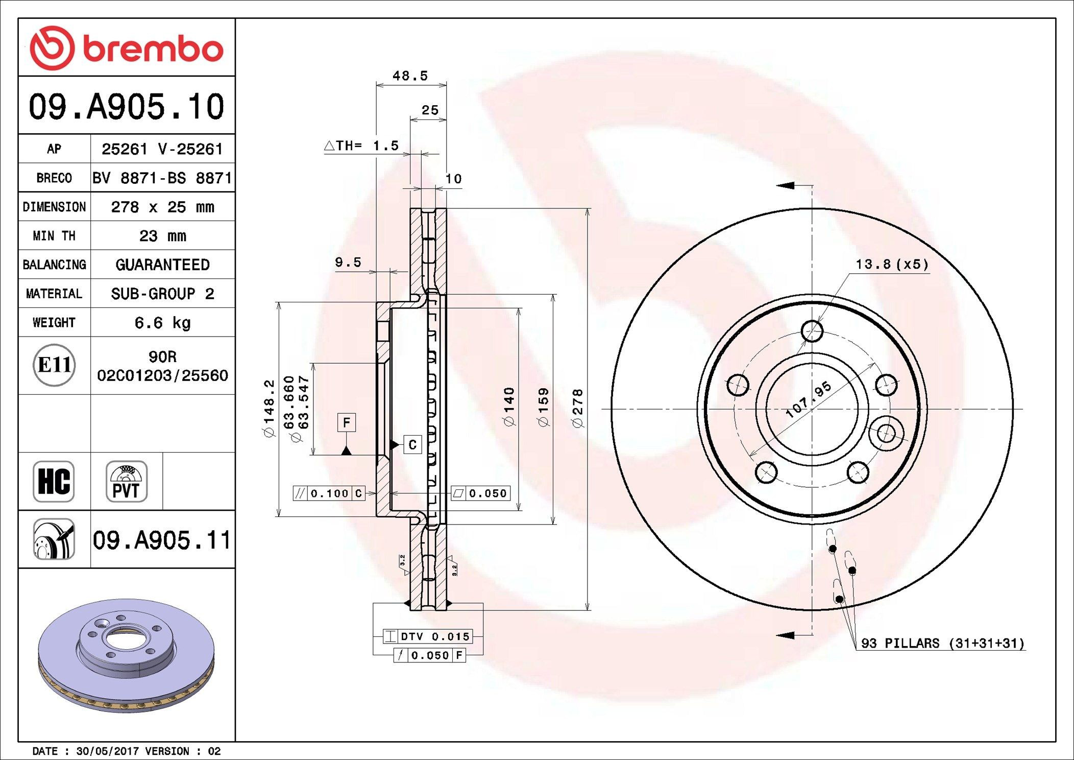 Диск переднього гальма Brembo 09A90511 ціна, від 53.58 USD