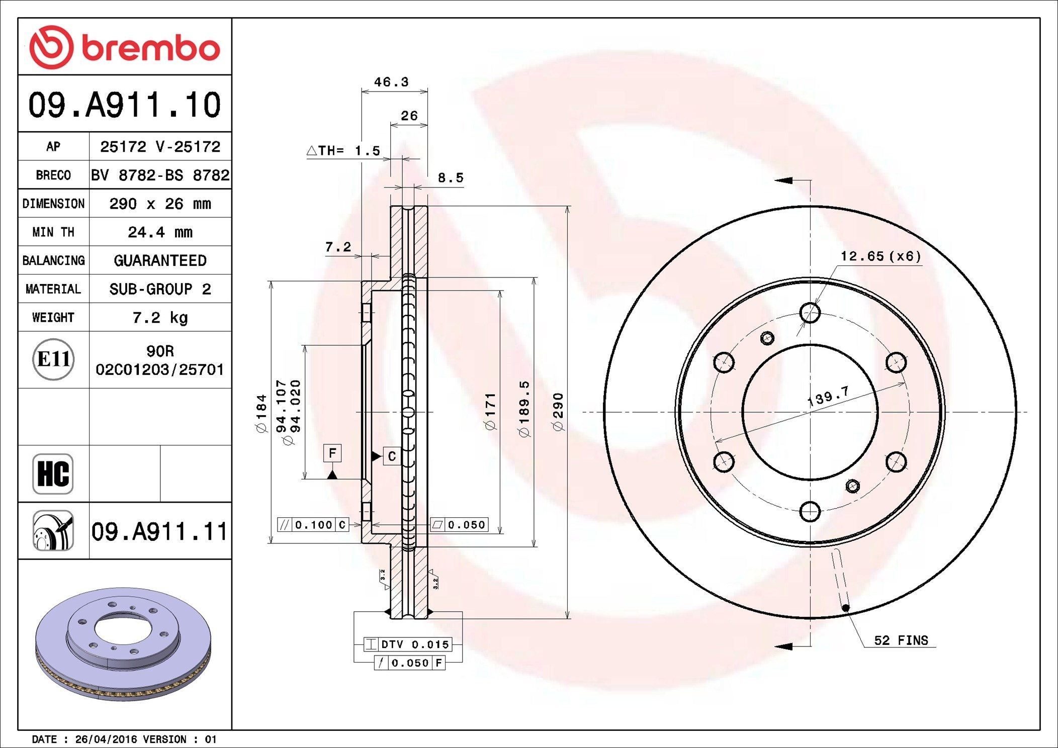 Диск переднього гальма Brembo 09A91111 ціна, від 42.43 USD