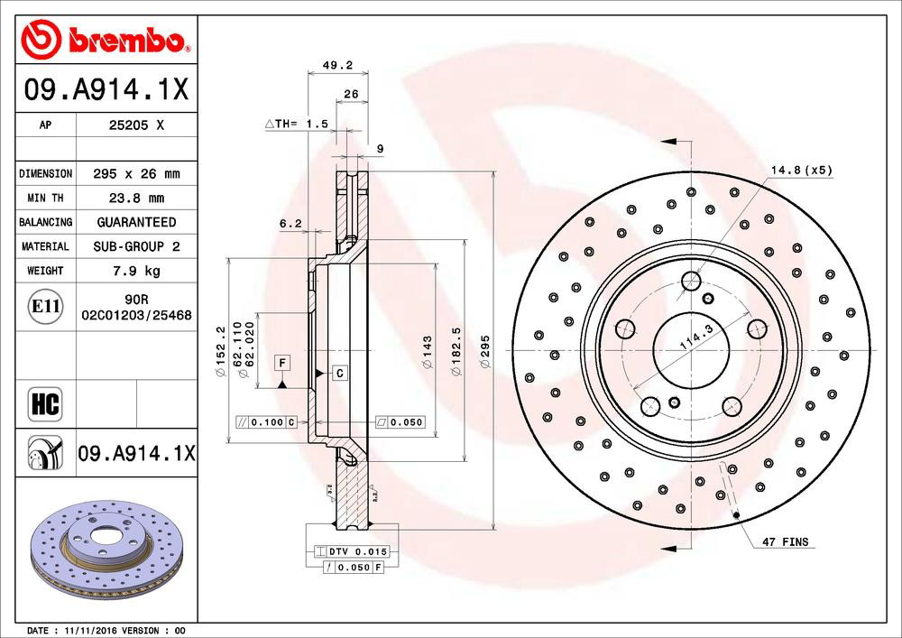 Диск гальмівний передній Brembo 09A9141X