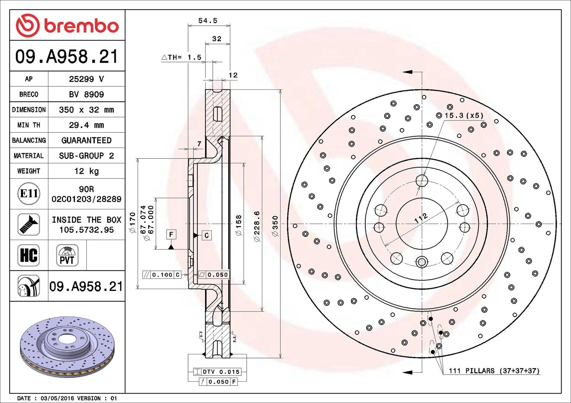 Диск переднього гальма Brembo 09A95821 ціна, від 103.53 USD