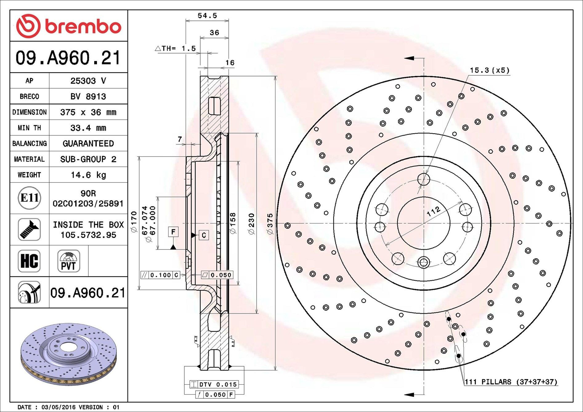 Диск переднього гальма Brembo 09A96021 ціна, від 127.88 USD