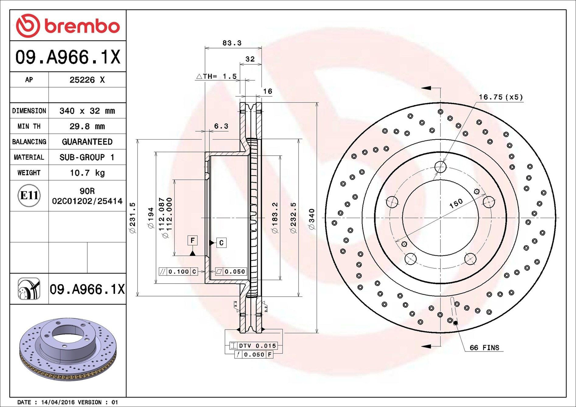 Диск переднього гальма Brembo 09A9661X ціна, від 115.88 USD