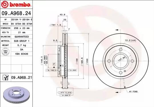 Диск переднього гальма Brembo 09A96821 ціна, від 42.05 USD