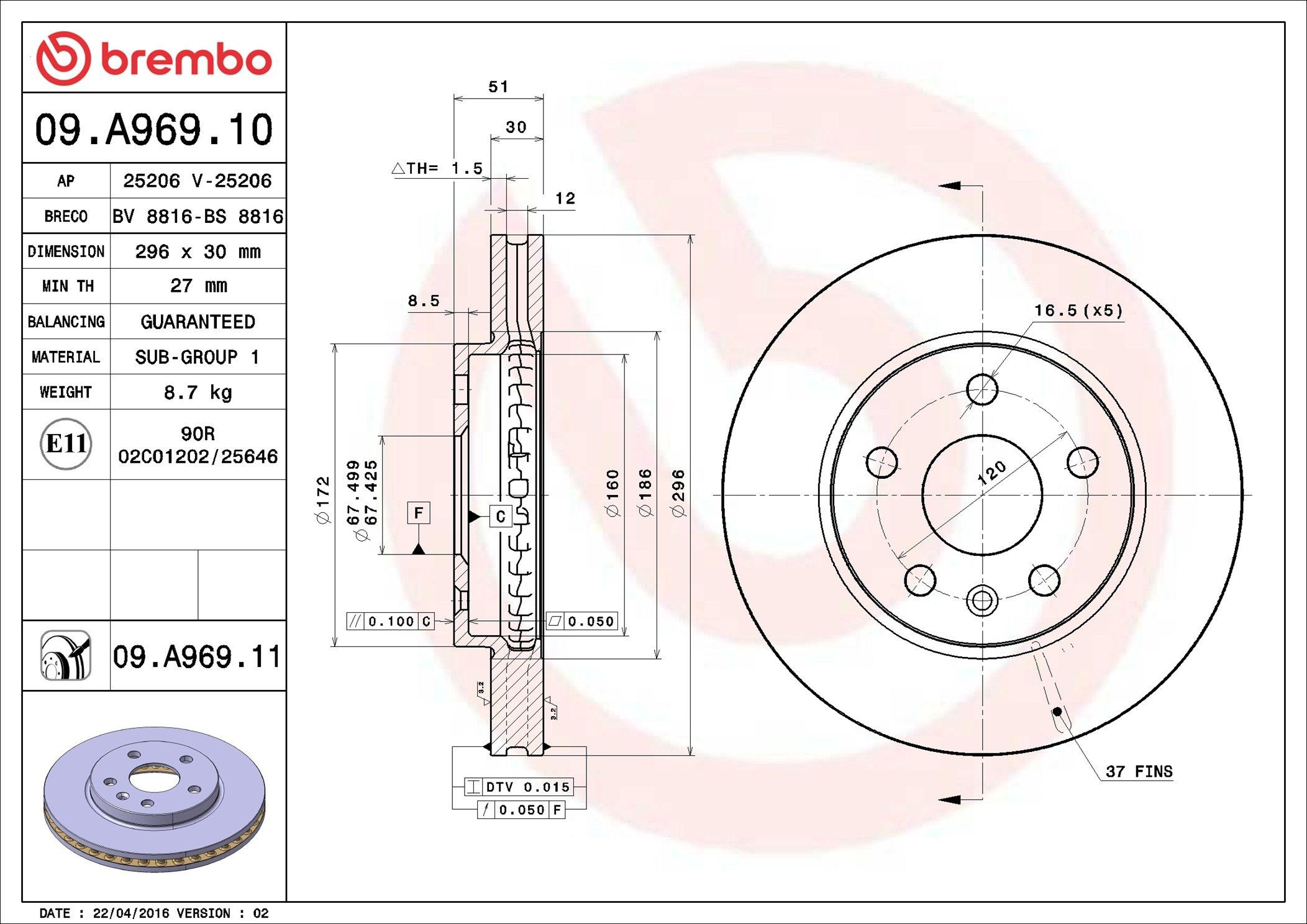 Диск переднього гальма Brembo 09A96910 ціна, від 63.31 USD