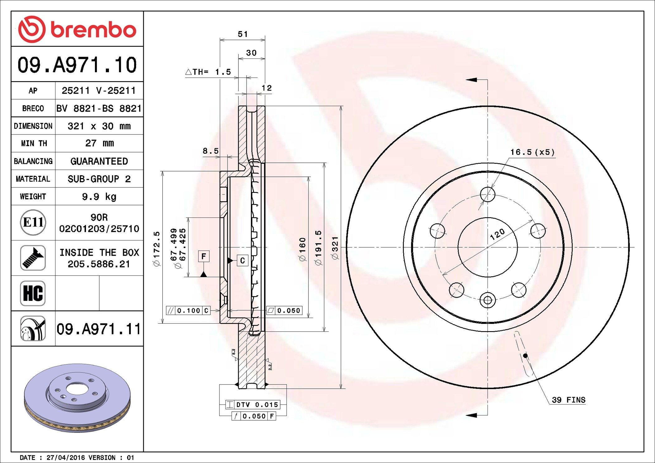 Купити 09A97111 Brembo Ротор гальмівний