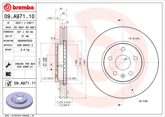 Диск гальмівний передній Brembo 09A97111