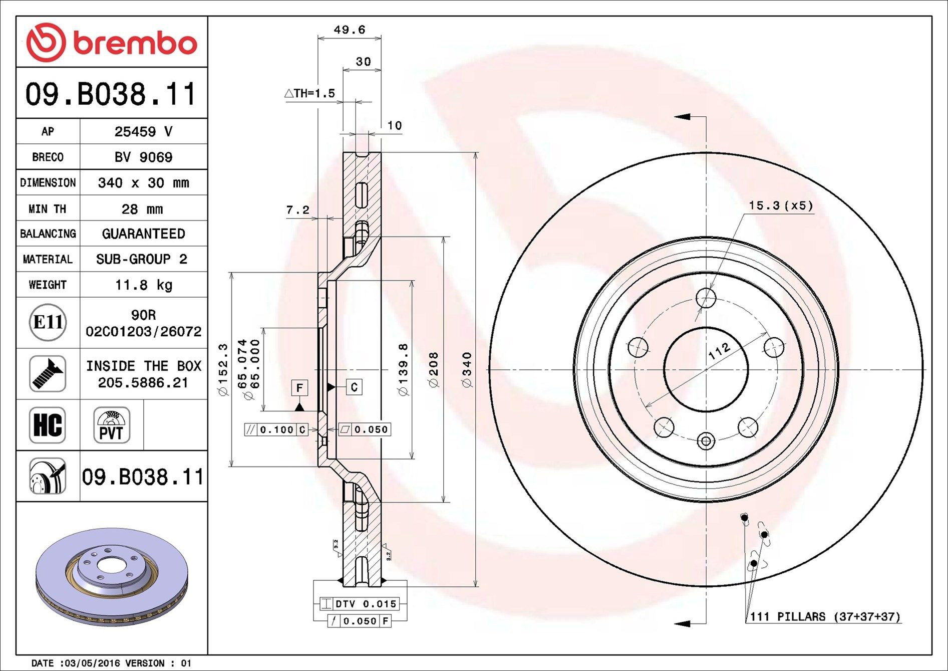 Диск переднього гальма Brembo 09B03811 ціна, від 97.28 USD