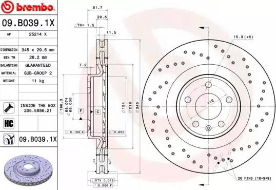 Диск гальмівний передній Brembo 09B0391X
