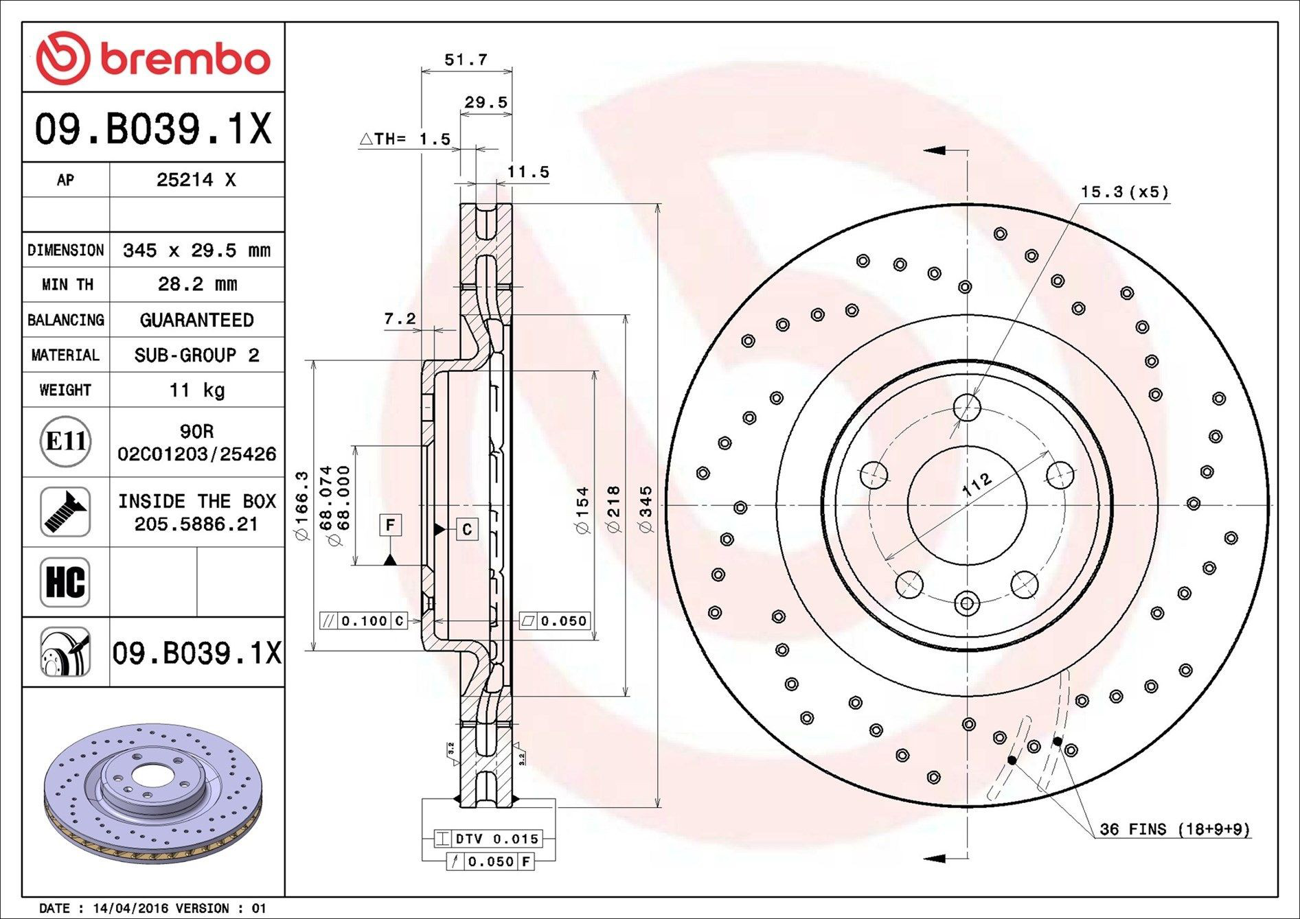 Диск переднього гальма Brembo 09B0391X ціна, від 134.73 USD