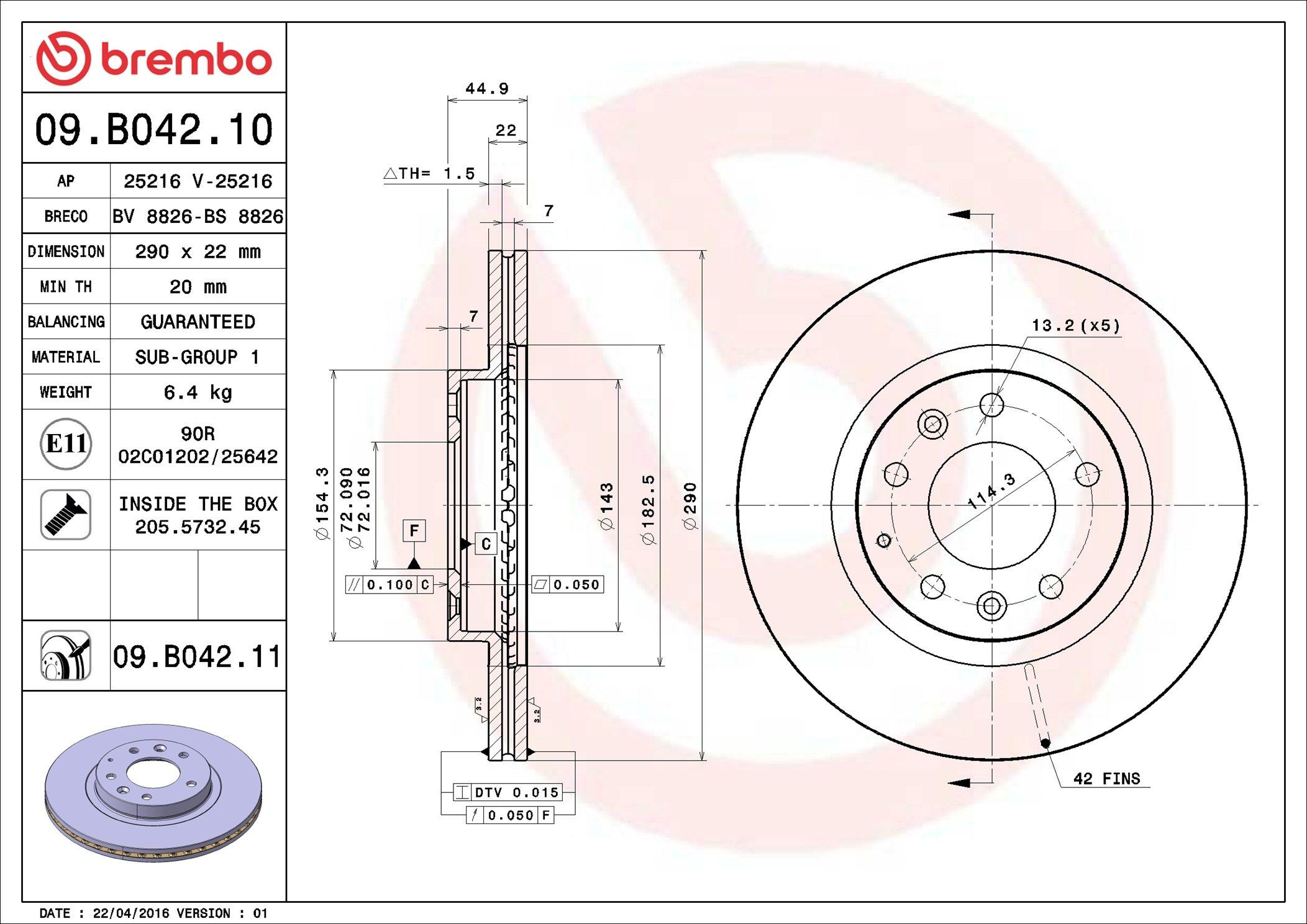 Диск переднього гальма Brembo 09B04211 ціна, від 55.78 USD