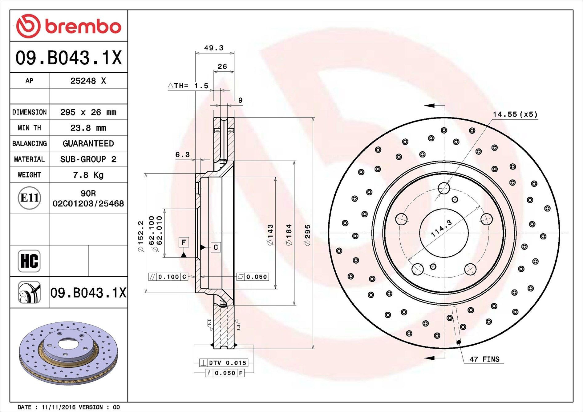 Диск переднього гальма Brembo 09B0431X ціна, від 53.69 USD