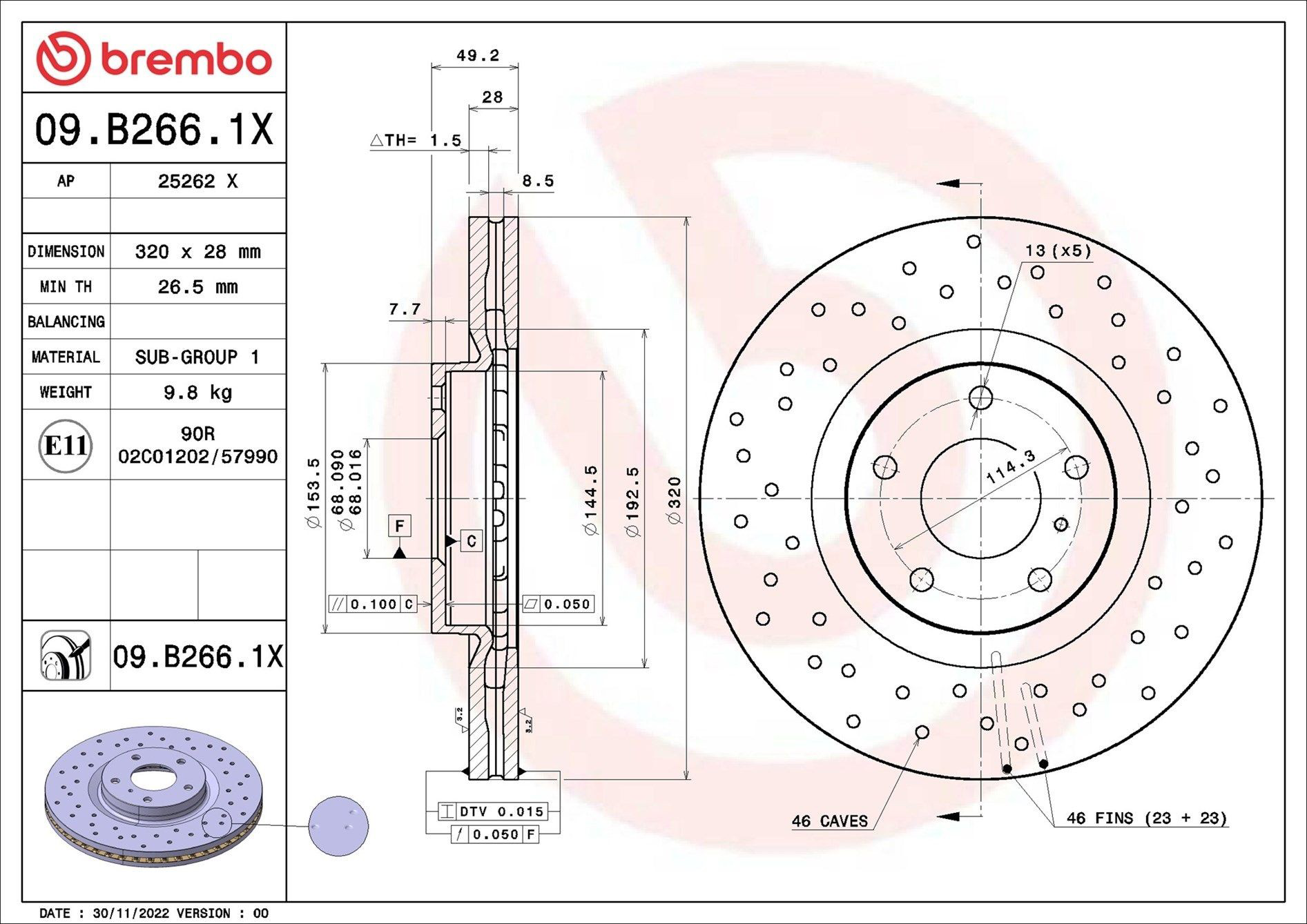Диск переднього гальма Brembo 09B2661X ціна, від 84.94 USD