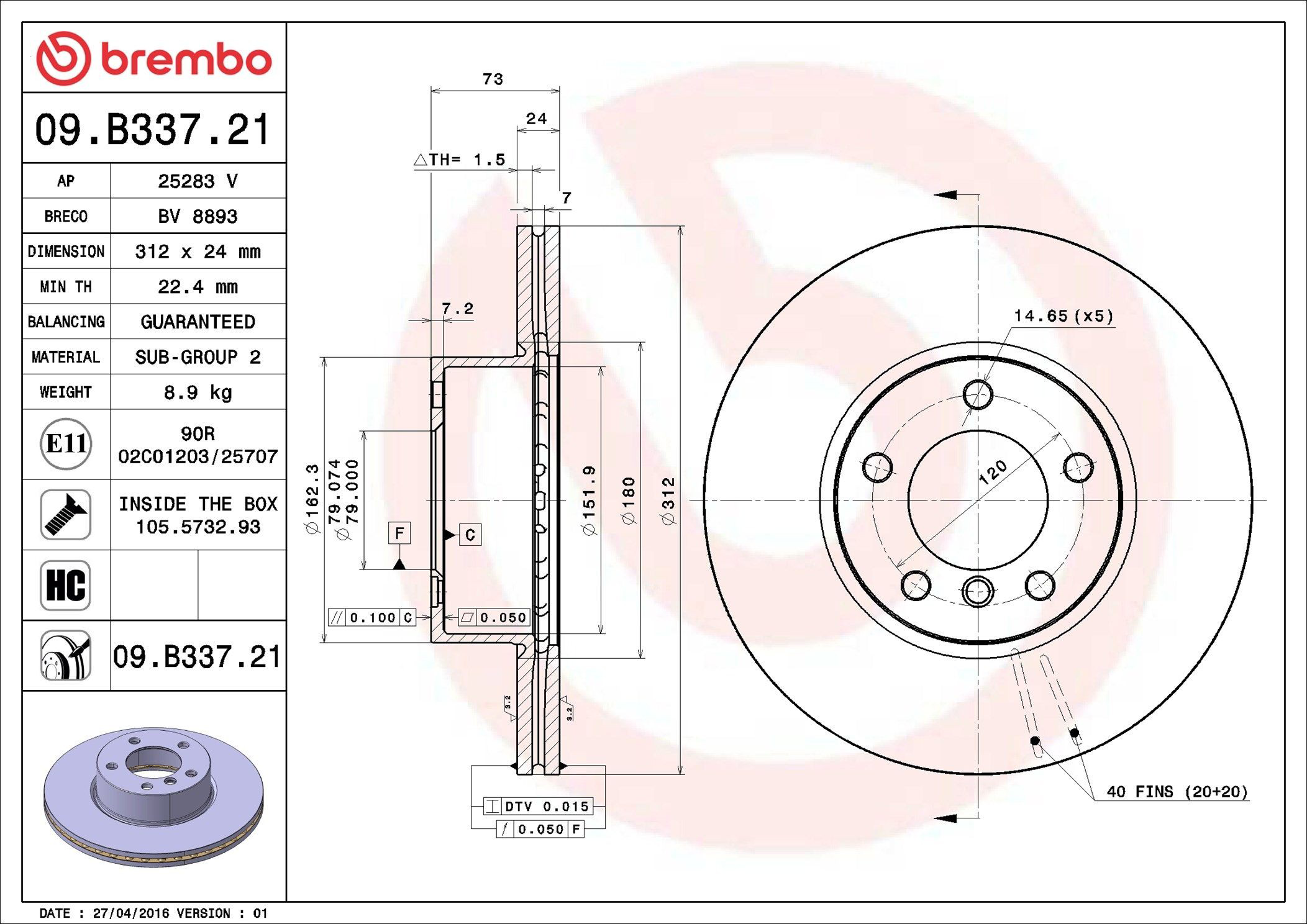 Диск переднього гальма Brembo 09B33721 ціна, від 70.91 USD