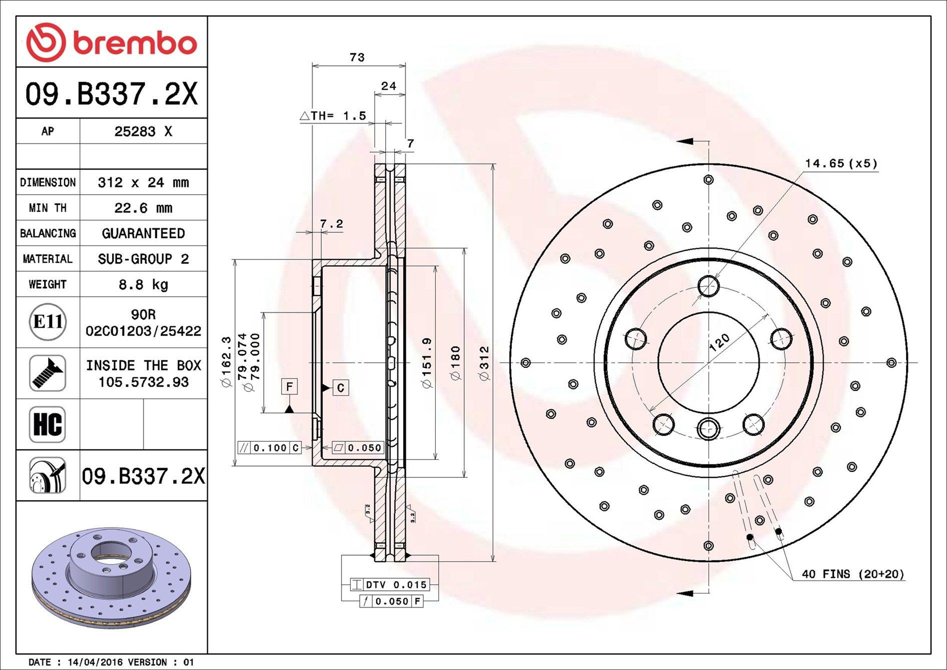 Диск переднього гальма Brembo 09B3372X ціна, від 97.57 USD