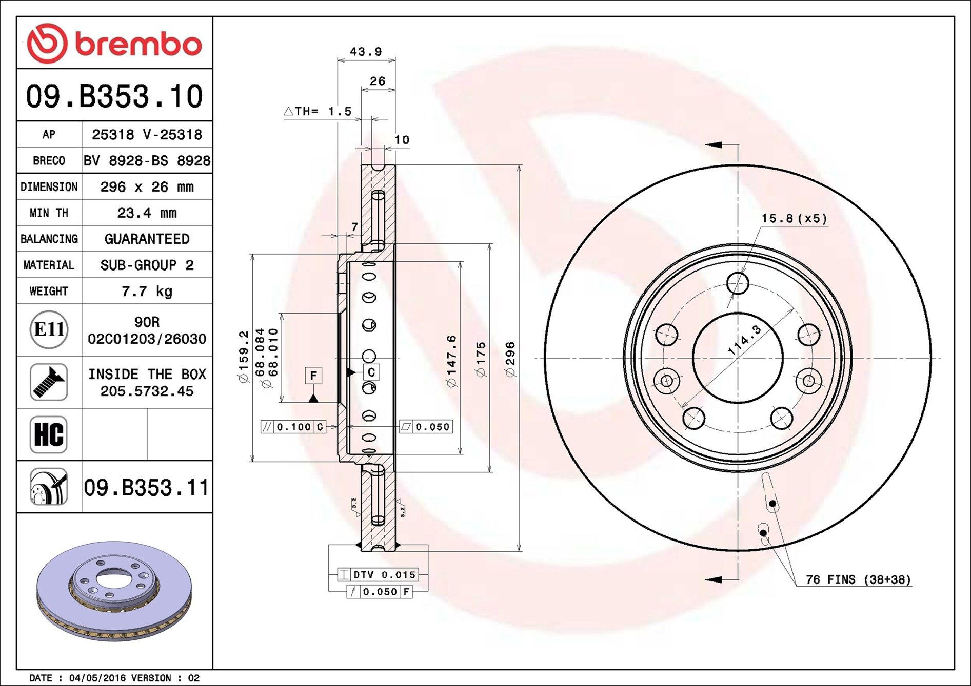 Диск переднього гальма Brembo 09B35311 ціна, від 57.52 USD