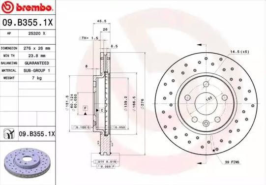 Диск переднього гальма Brembo 09B3551X ціна, від 49.83 USD