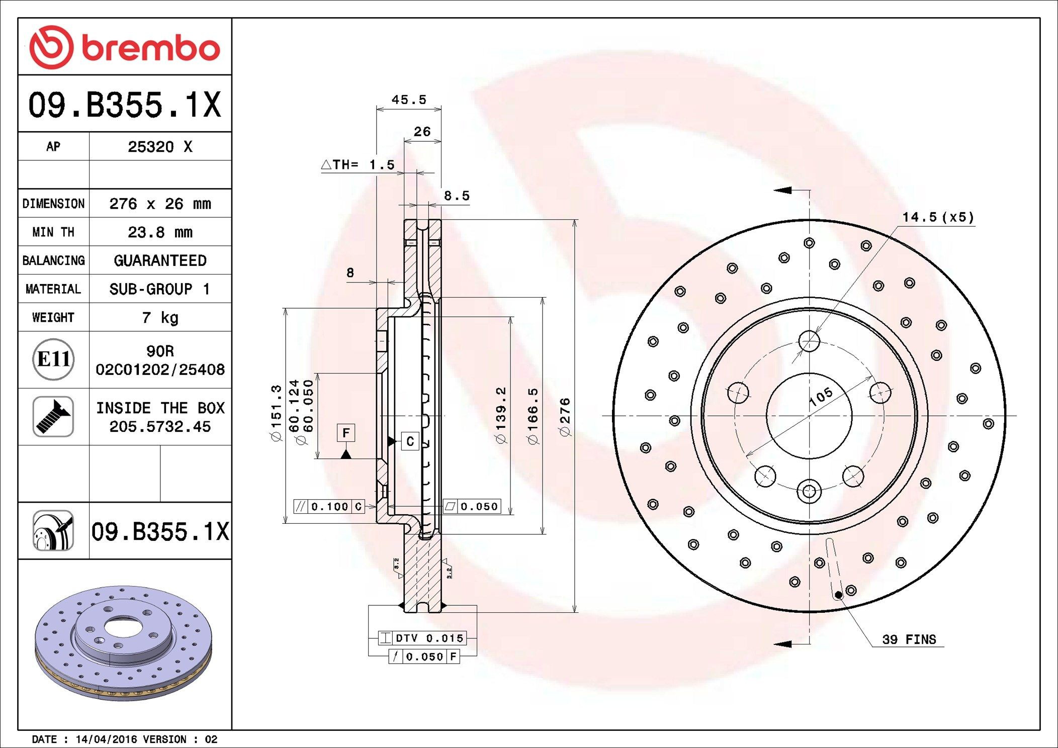 Купити 09B3551X Brembo Ротор гальмівний