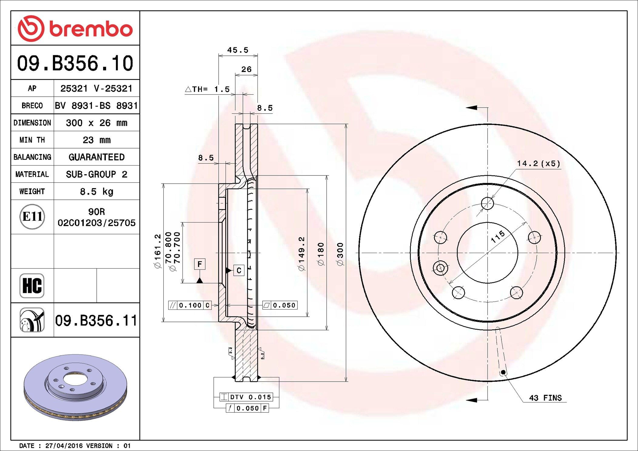 Диск переднього гальма Brembo 09B35611 ціна, від 66.91 USD