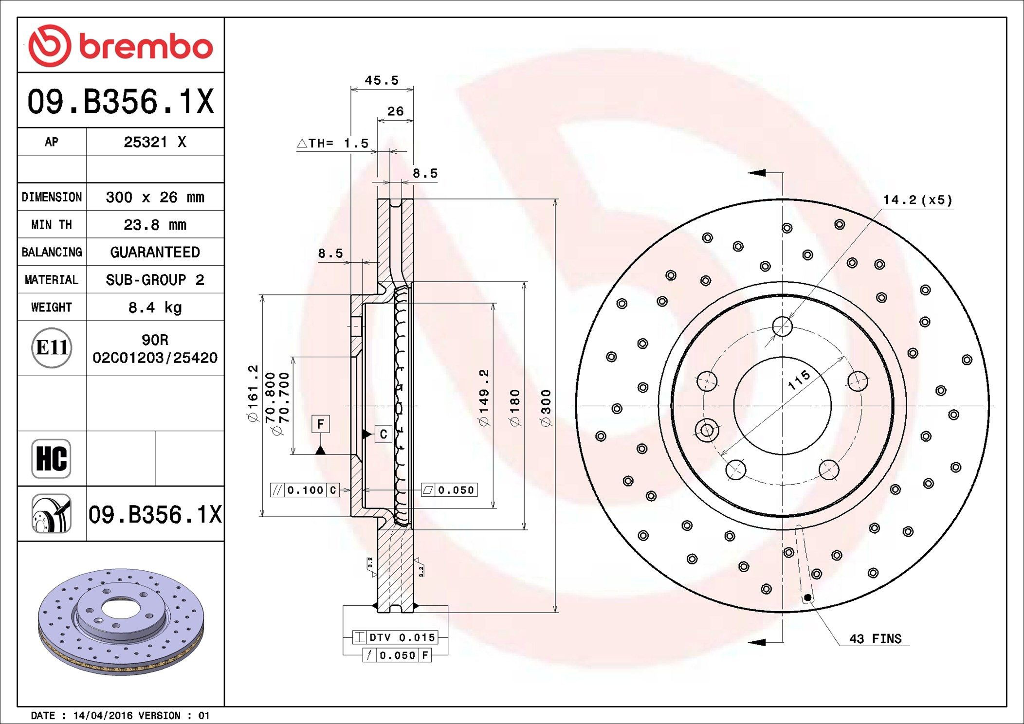 Диск переднього гальма Brembo 09B3561X ціна, від 66.25 USD