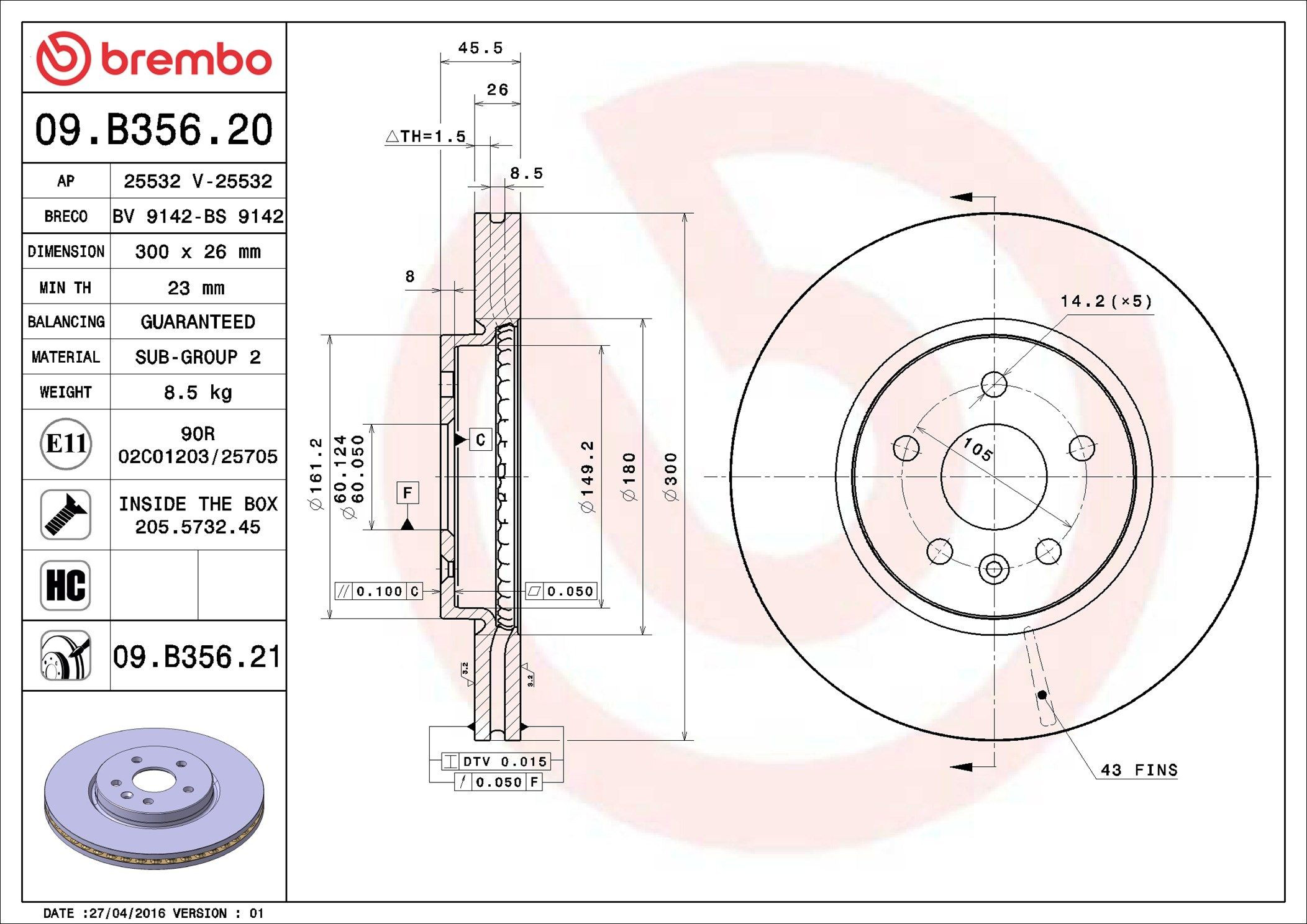 Диск переднього гальма Brembo 09B35621 ціна, від 68.53 USD