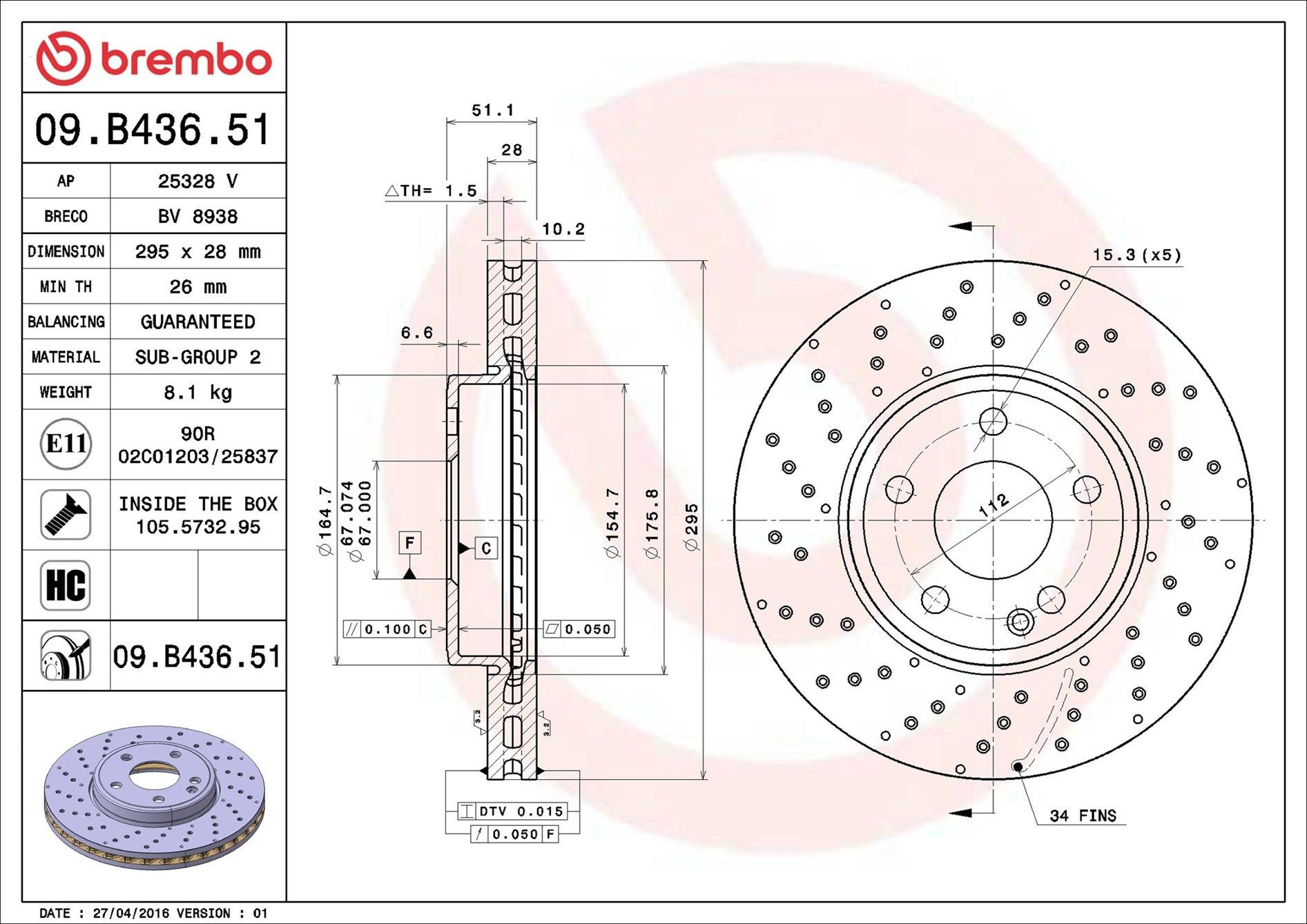 Диск переднього гальма Brembo 09B43651 ціна, від 66.90 USD