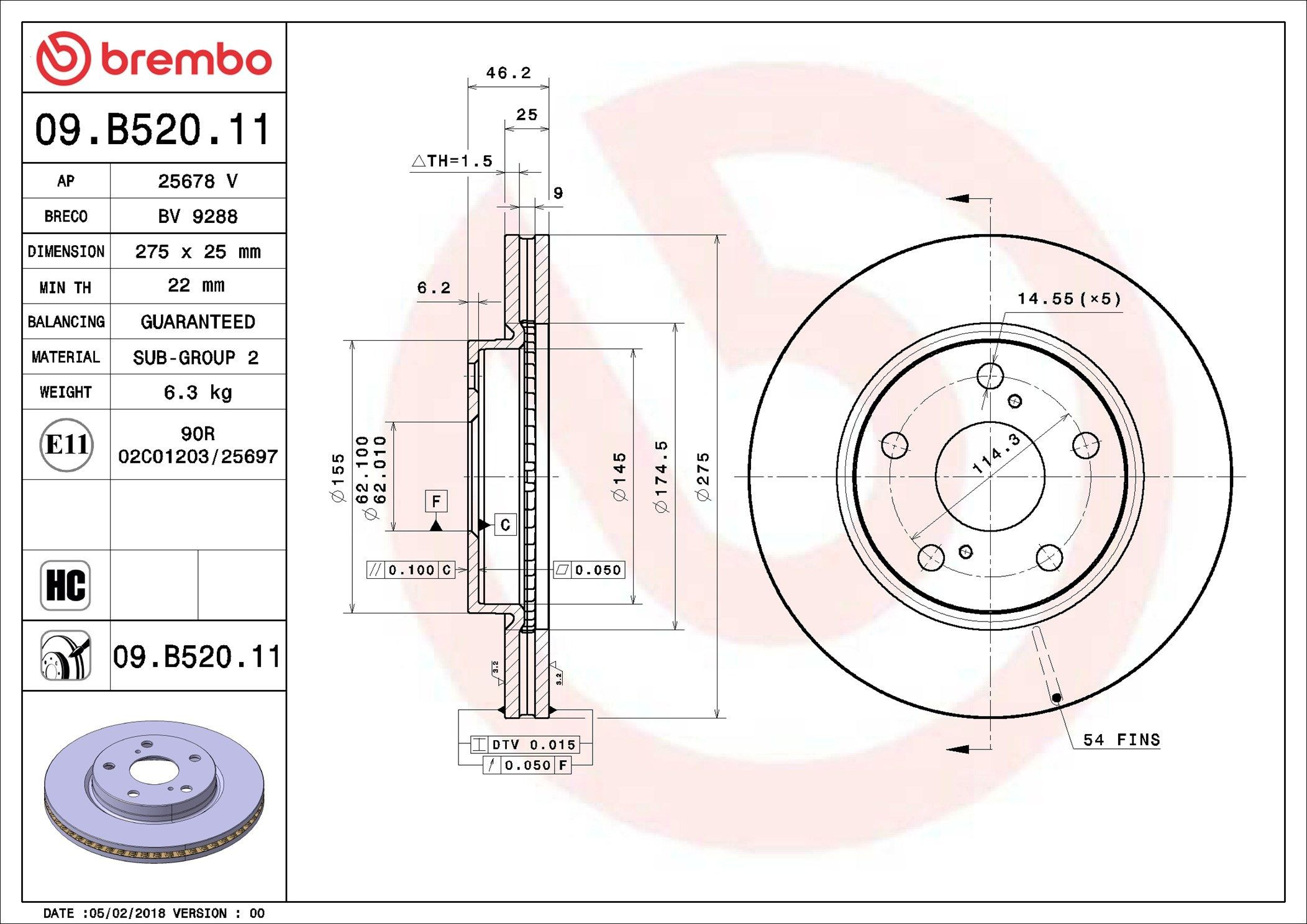 Диск переднього гальма Brembo 09B52011 ціна, від 55.83 USD